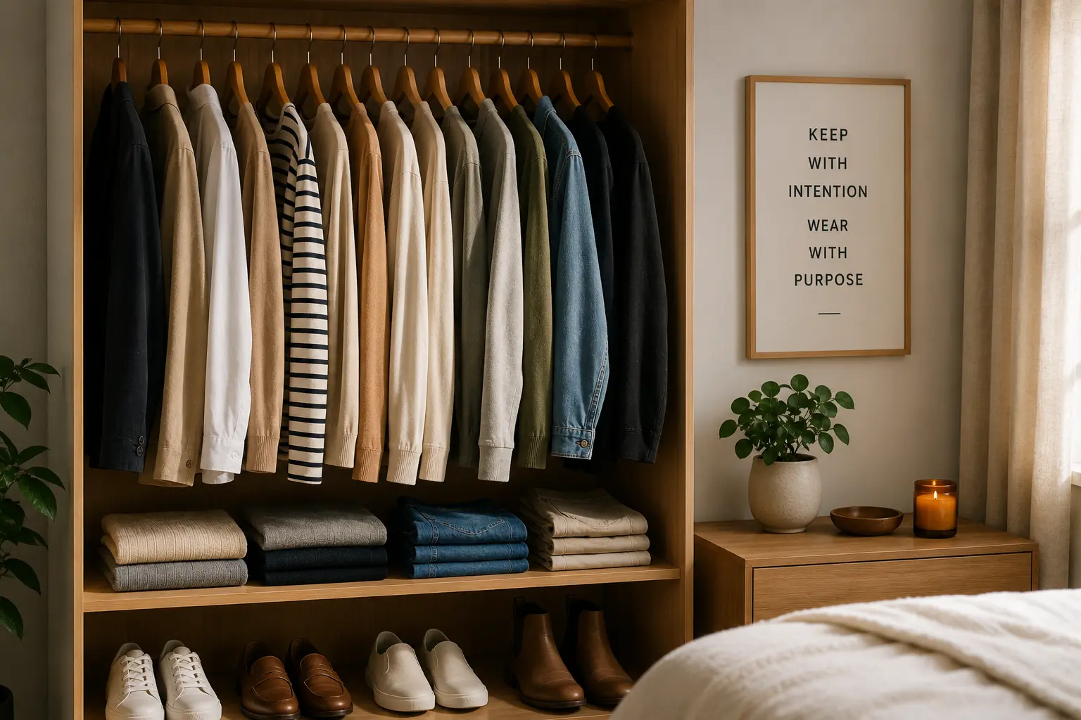 A small, deliberate capsule wardrobe — the natural end state of a wardrobe audit that removes what isn't worn and organises what remains with intention