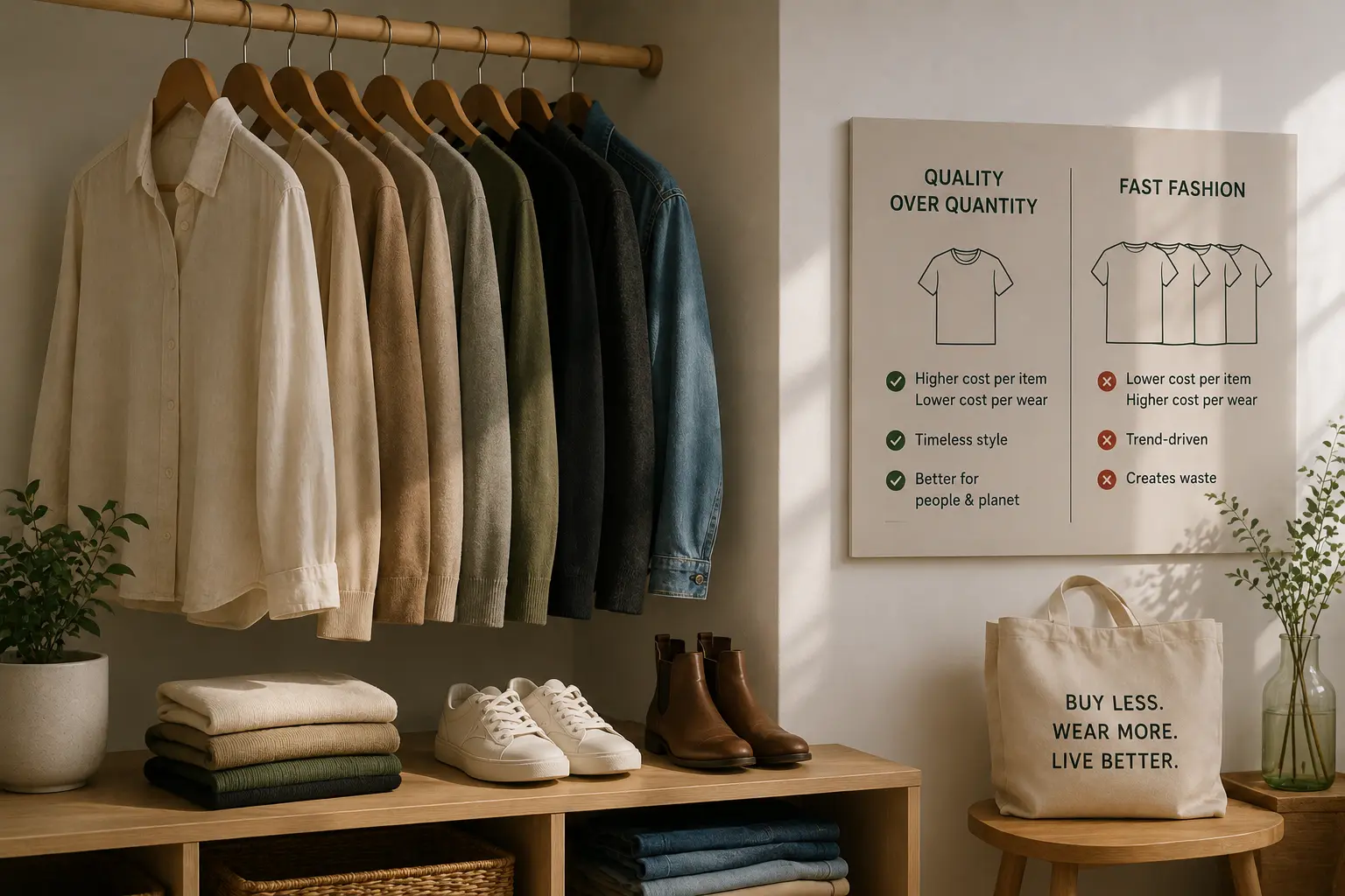 A smaller, more deliberate wardrobe is not just aesthetically appealing — it is, on a cost-per-wear basis, typically cheaper than a large fast fashion wardrobe, and it produces none of the disposal problem.