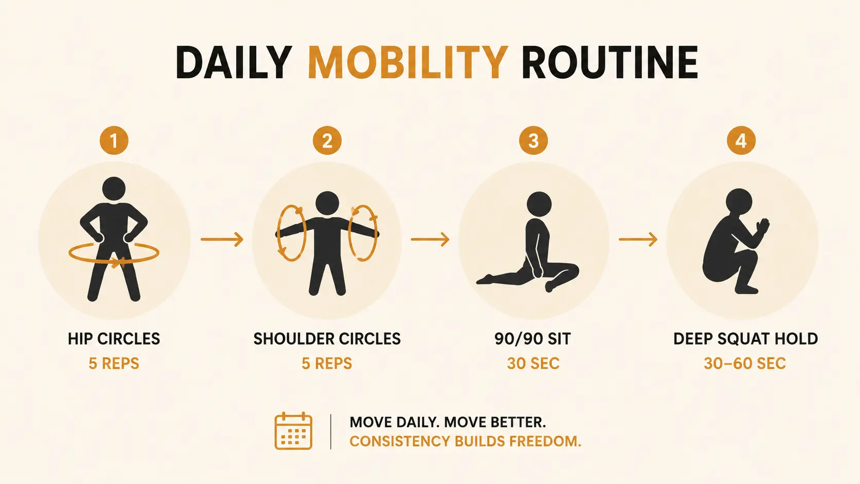 A simple flow diagram of a daily mobility routine covering hips, shoulders, thoracic spine, and ankles