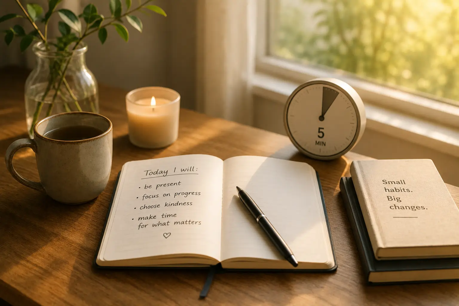 Open journal with a pen resting on it beside a morning coffee cup — representing a 5-minute morning journaling habit