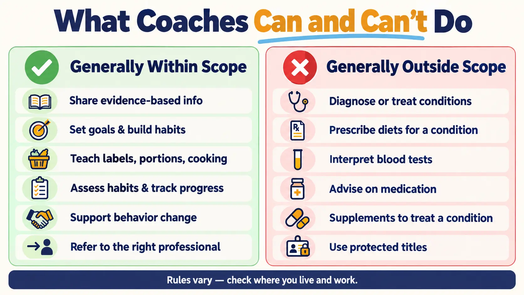 What nutrition coaches can and can't do: within scope — education, goals, skills, assessment, behavior change, referral; outside scope — diagnosis, prescribing, lab tests, medication, protected titles