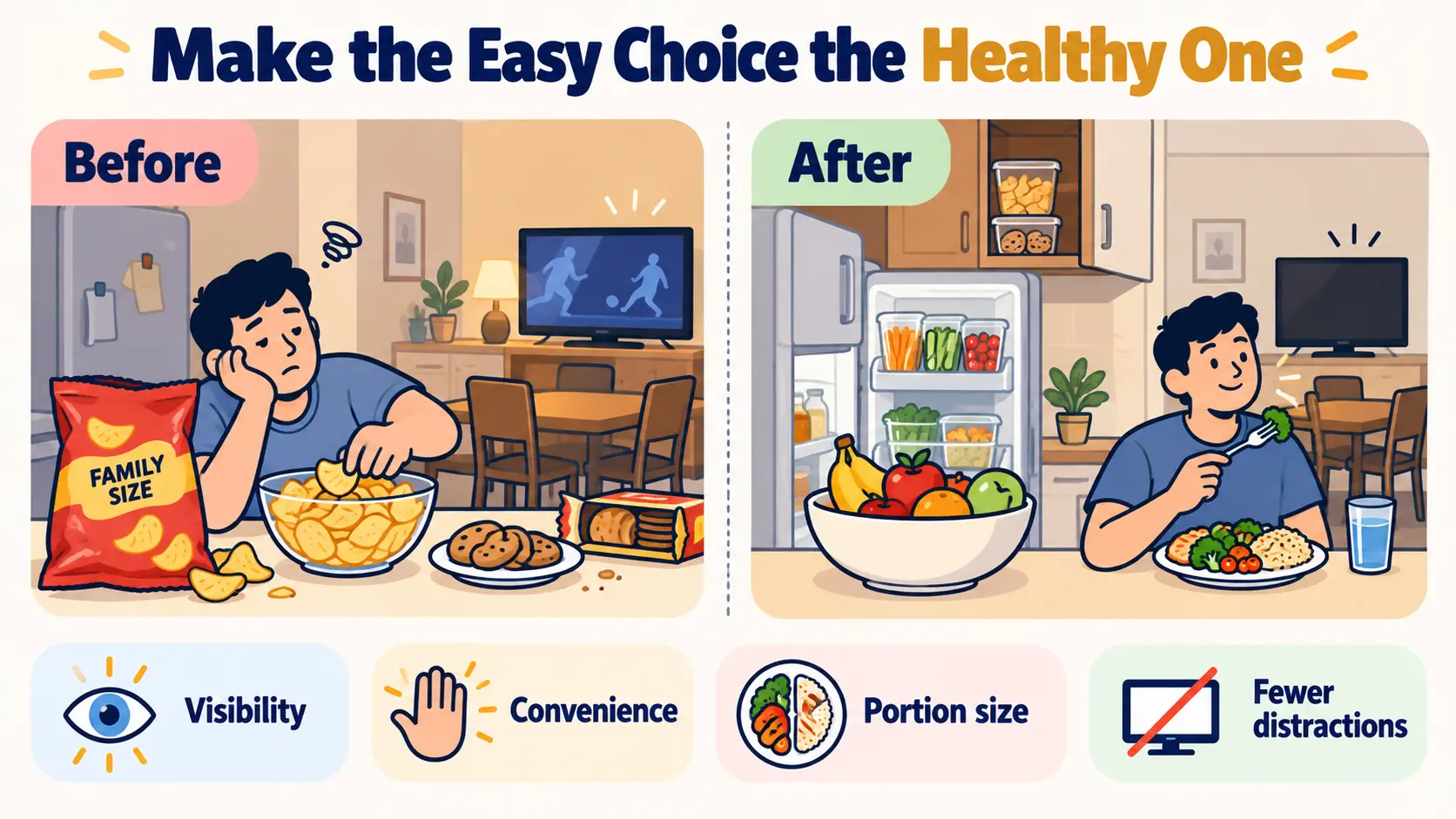 Changing the food environment: snacks out of sight, fruit and pre-cut vegetables visible, food plated and eaten away from screens