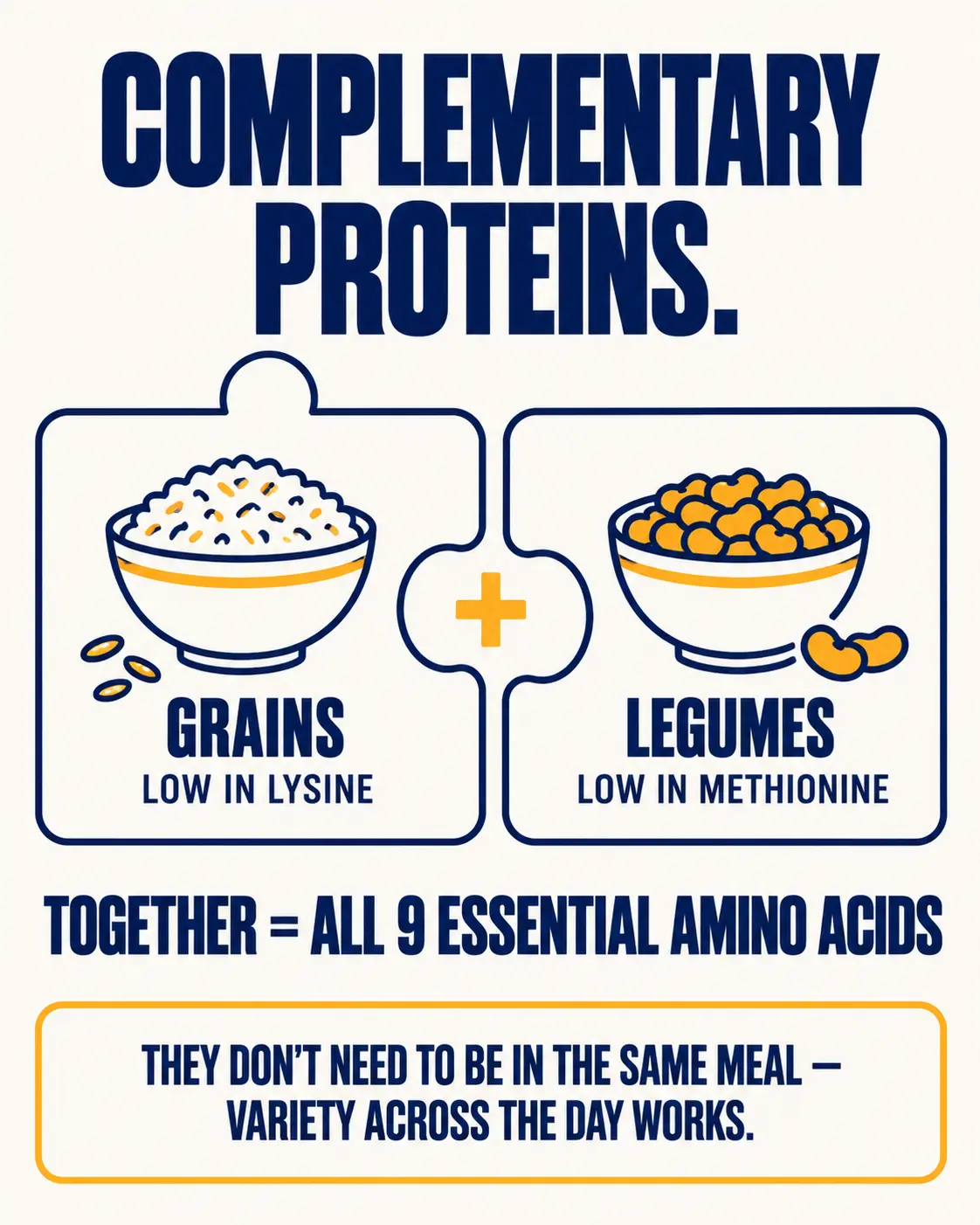 Complementary proteins: grains, low in lysine, plus legumes, low in methionine, together provide all nine essential amino acids, and they do not need to be eaten in the same meal.