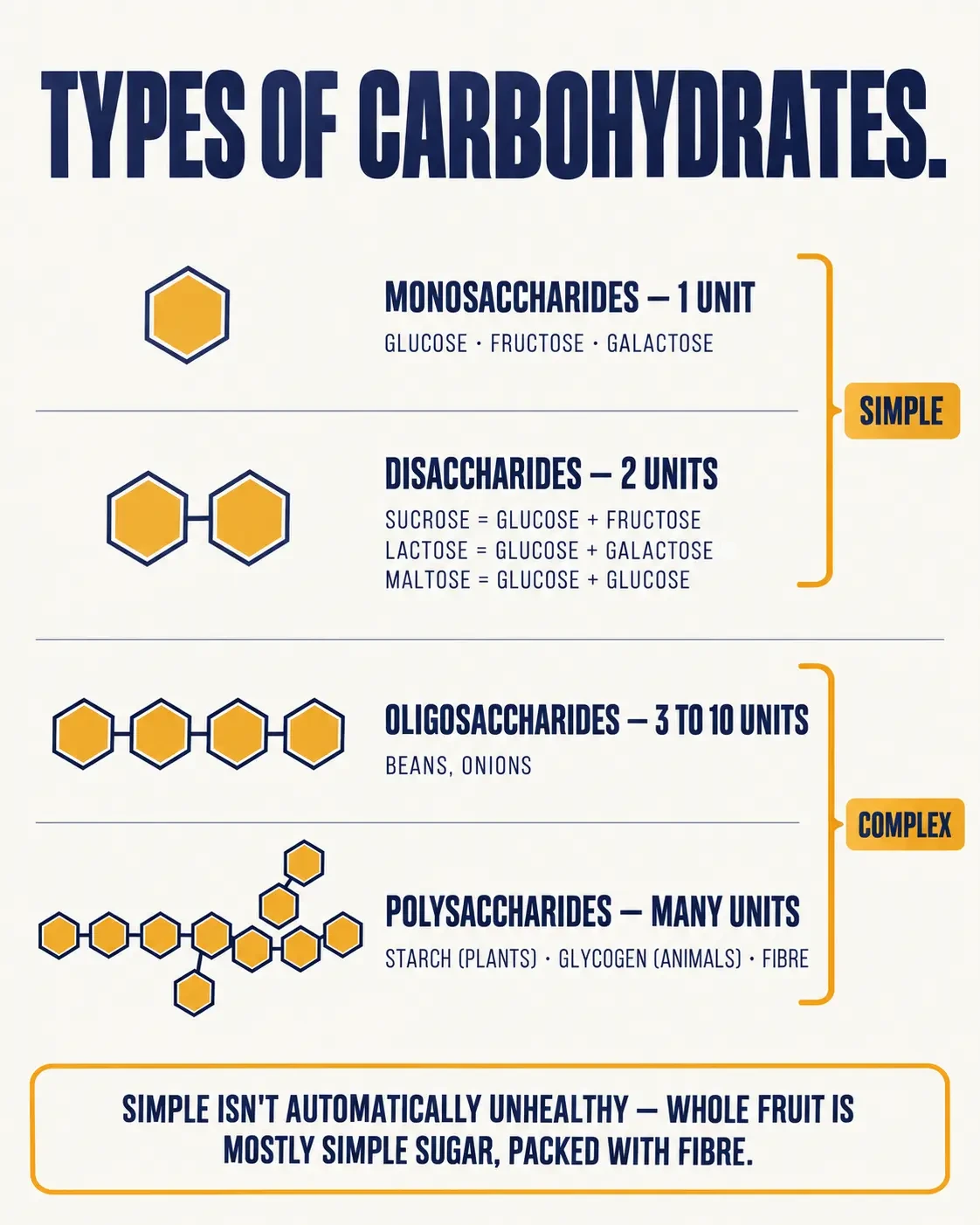 Types of carbohydrates: monosaccharides (glucose, fructose, galactose) and disaccharides (sucrose, lactose, maltose) are simple; oligosaccharides and polysaccharides (starch, glycogen, fibre) are complex.