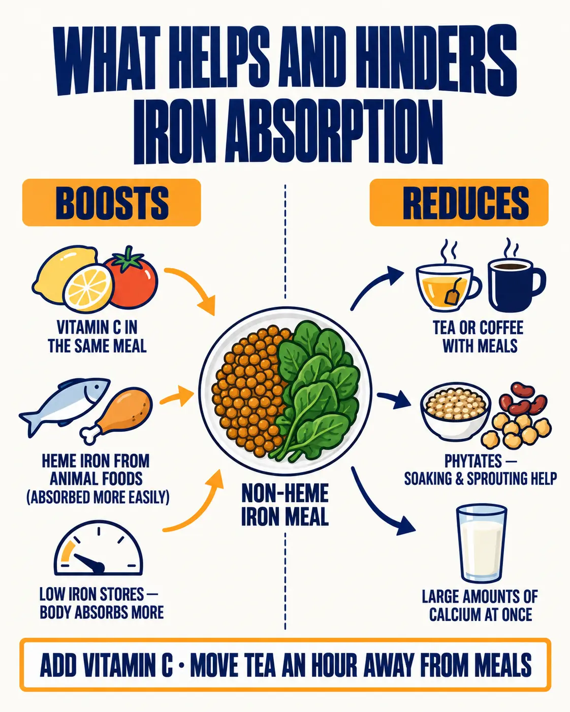 What boosts iron absorption, such as vitamin C and heme iron, and what reduces it, such as tea, coffee, phytates and large amounts of calcium