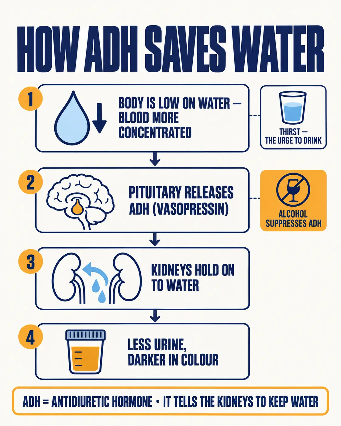 How ADH saves water: low body water triggers the pituitary to release ADH, the kidneys hold on to water, and urine becomes less and darker