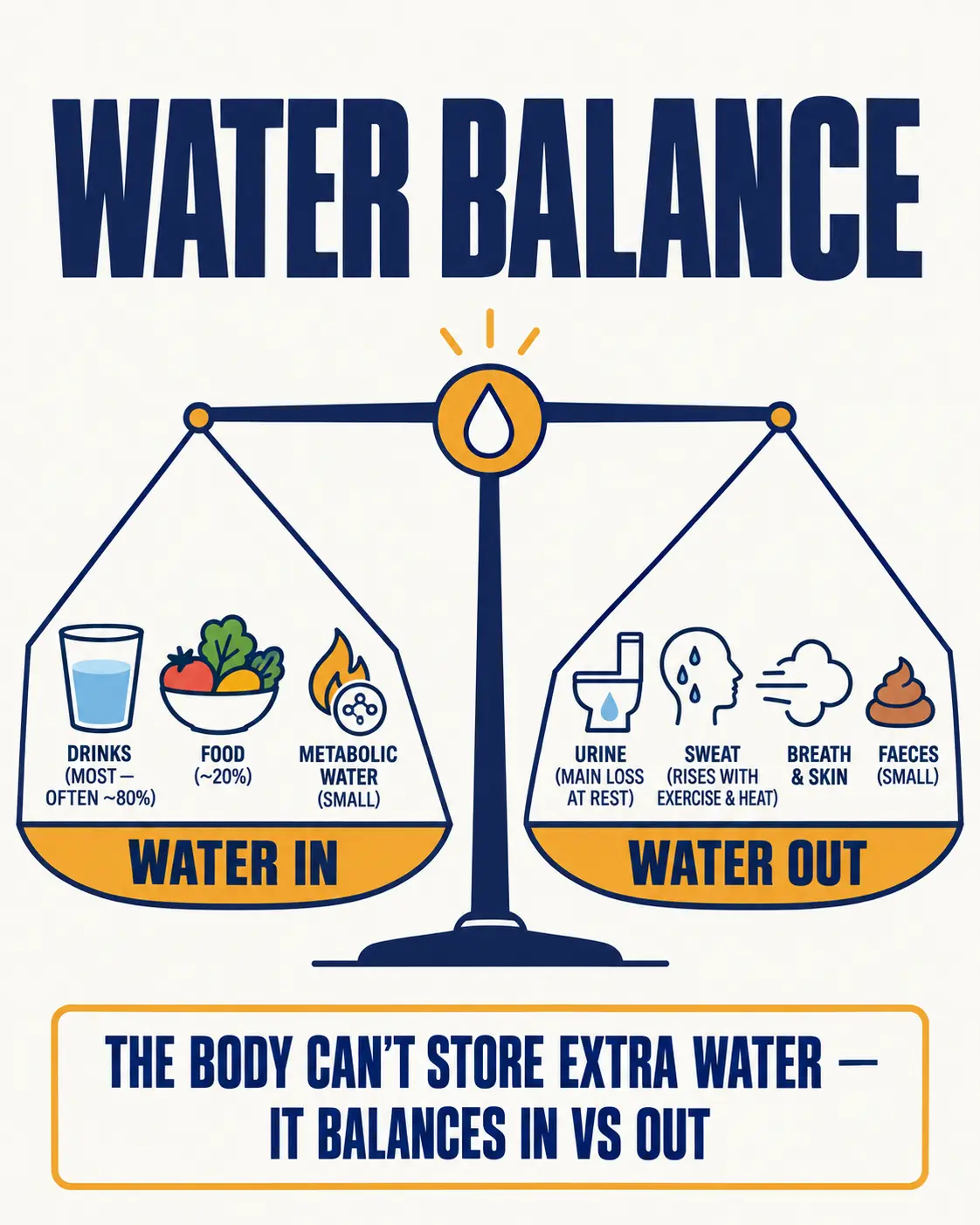 Water balance scale: water in from drinks, food and metabolic water against water out through urine, sweat, breath and skin, and faeces
