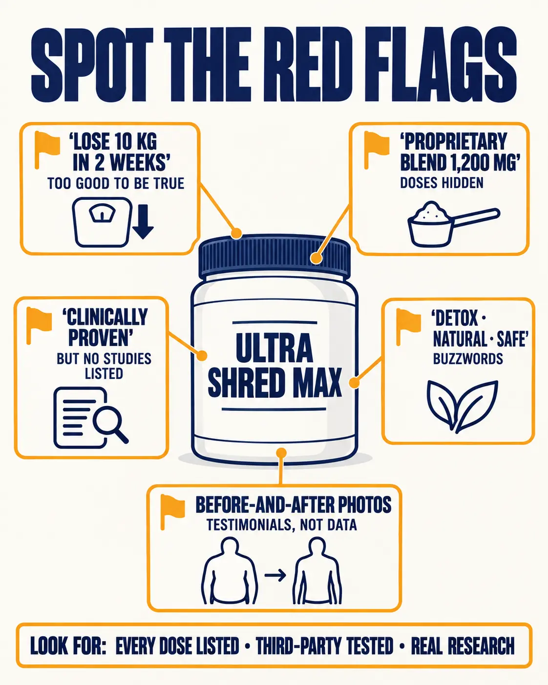 A made-up supplement tub annotated with marketing red flags: too-good-to-be-true claims, proprietary blends, unsupported clinical claims, buzzwords and testimonials