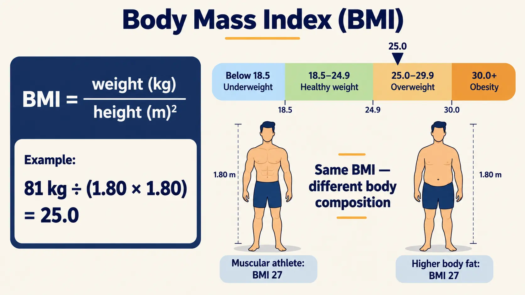 BMI formula with the adult categories, and two people with the same BMI of 27 but different body composition