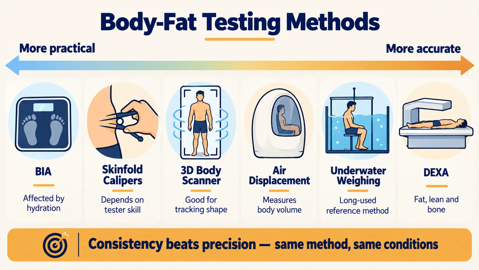 Body-fat testing methods from more practical to more accurate: BIA, skinfolds, 3D scanner, air displacement, underwater weighing and DEXA