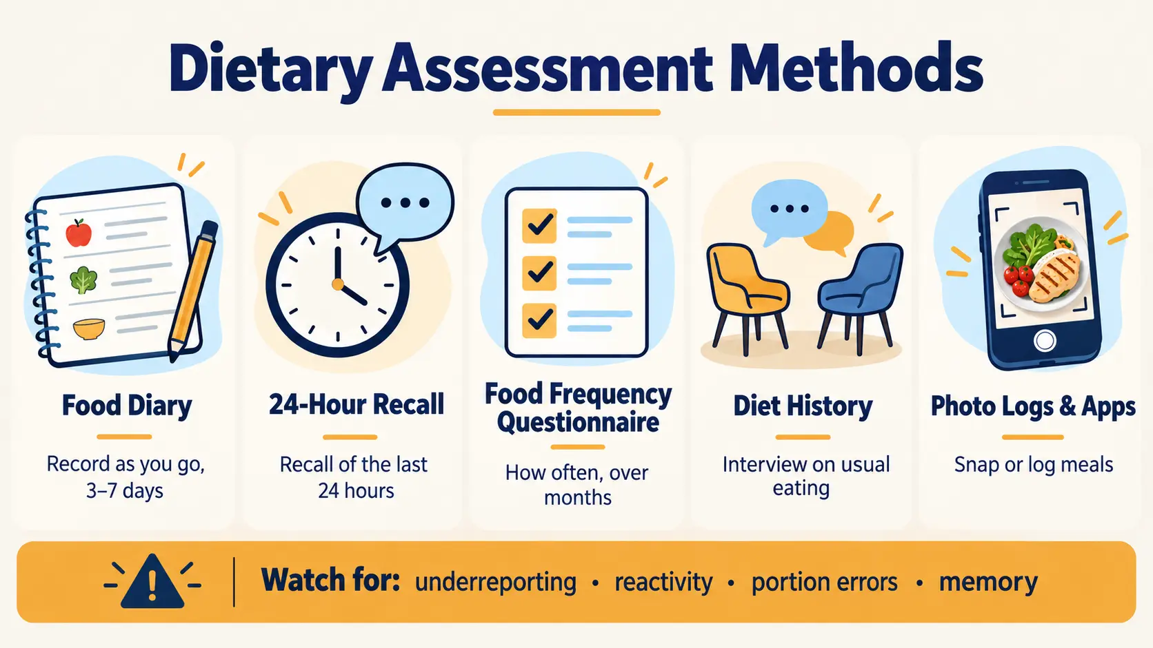 Five dietary assessment methods: food diary, 24-hour recall, food frequency questionnaire, diet history, and photo logs and apps
