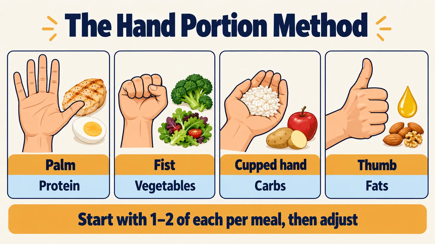 The hand portion method: palm for protein, fist for vegetables, cupped hand for carbs and thumb for fats