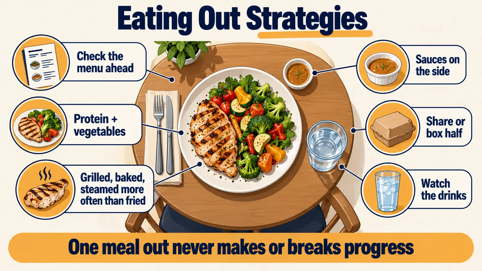 Eating out strategies around a restaurant table: menu, protein and vegetables, cooking methods, sauces on the side, portions and drinks