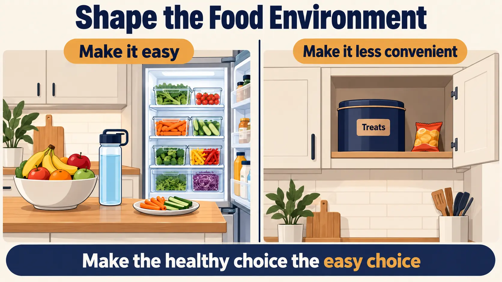 Making healthy foods visible and easy in the kitchen, and keeping treats less convenient in a closed cupboard