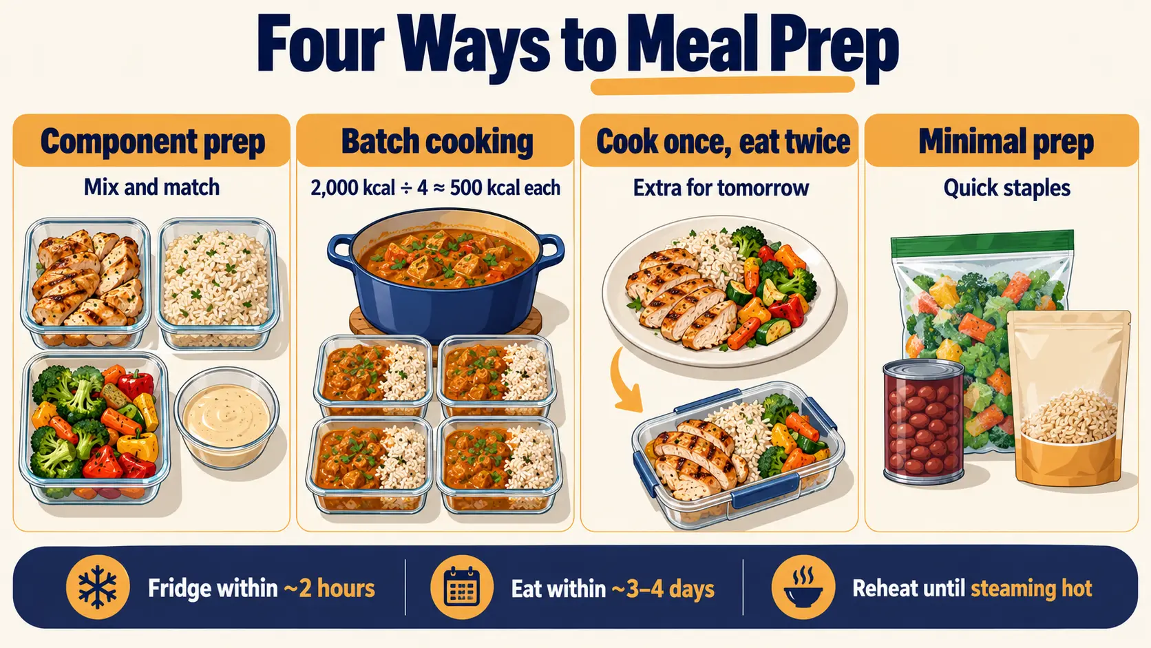 Four meal prep approaches: component prep, batch cooking, cook once eat twice, and minimal prep, with leftover food safety tips