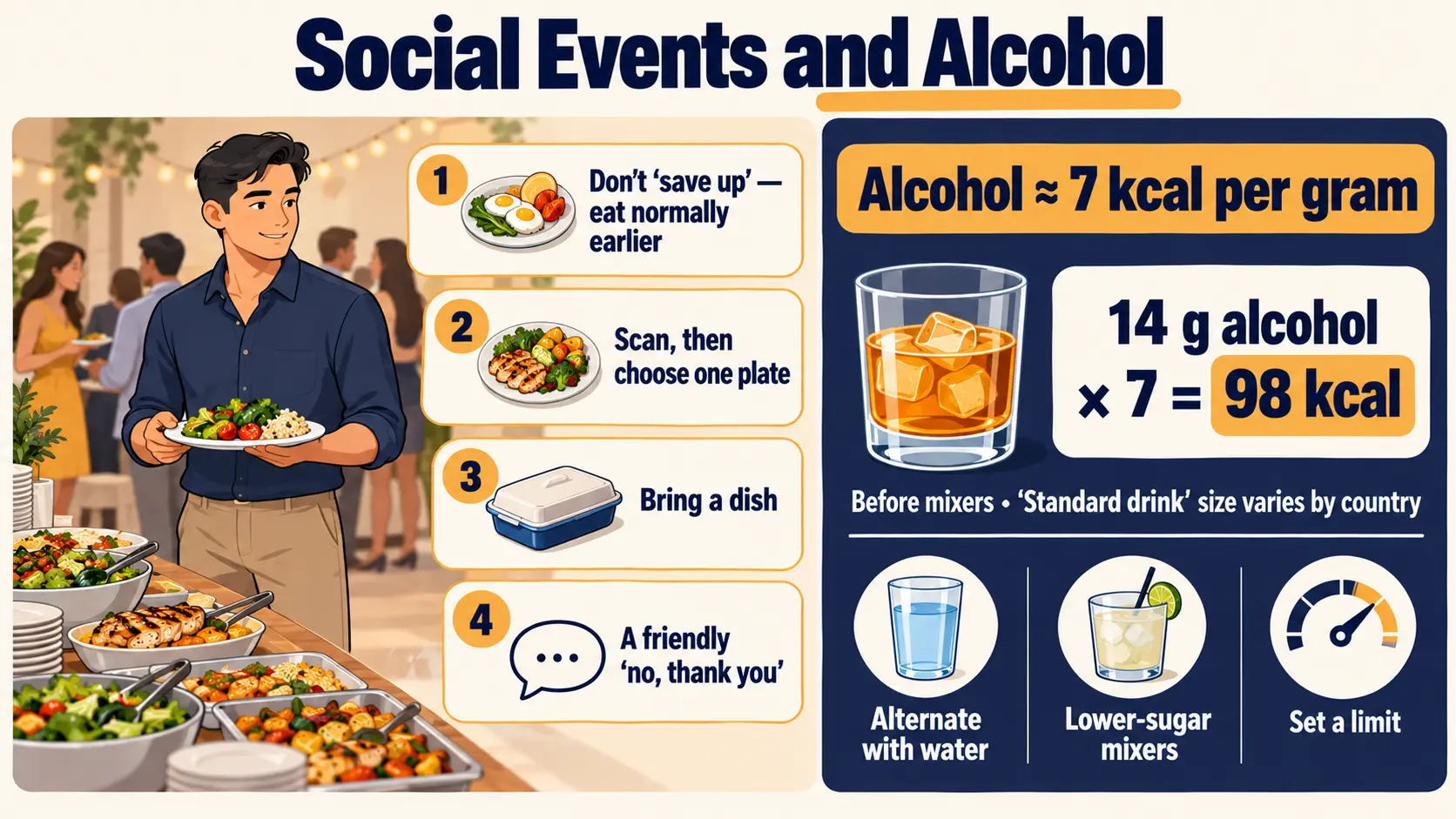 Strategies for social events and the energy in alcohol: 14 g of alcohol times 7 equals 98 kcal