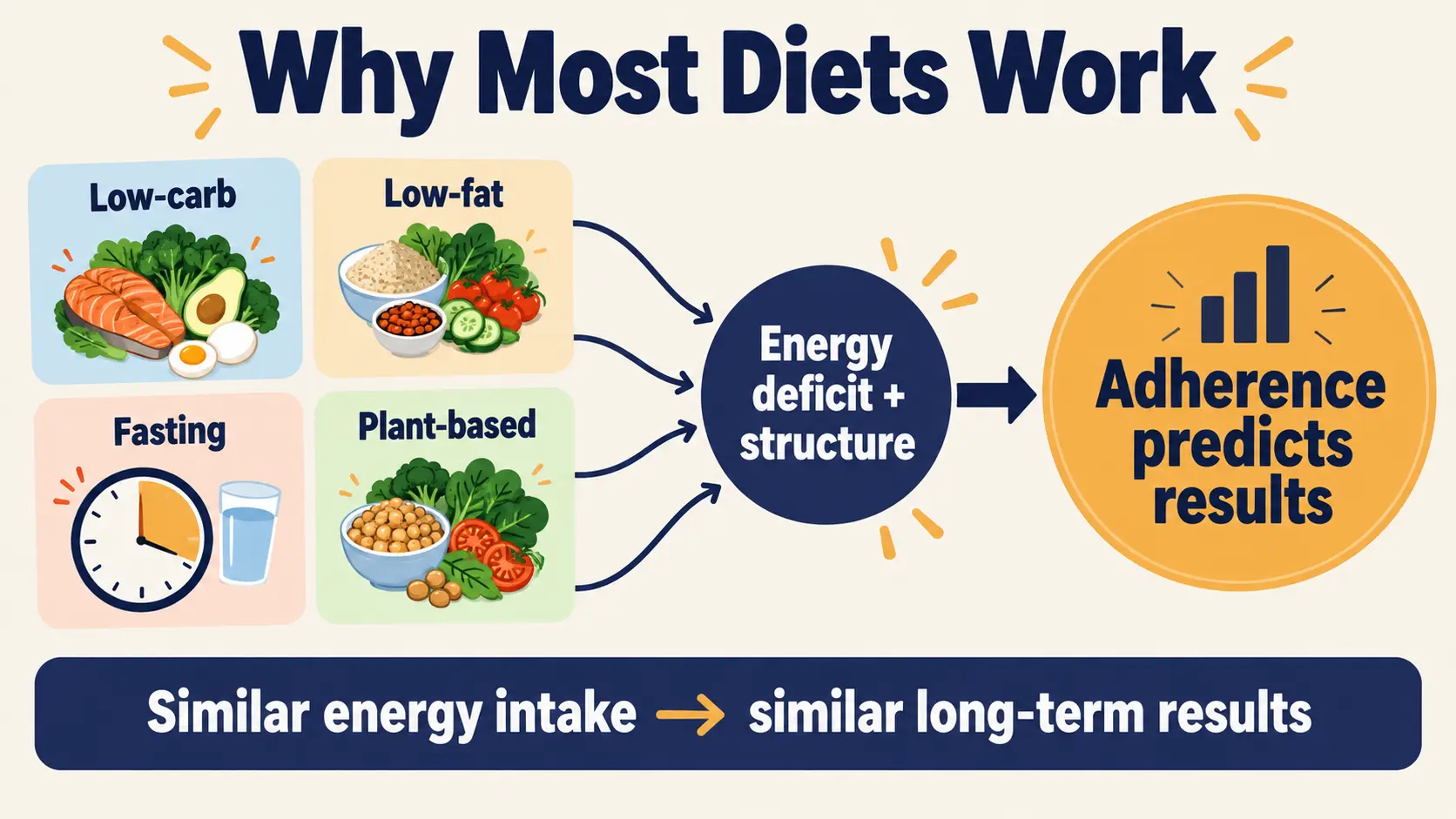 Low-carb, low-fat, fasting and plant-based diets all work through an energy deficit and structure, and adherence predicts results