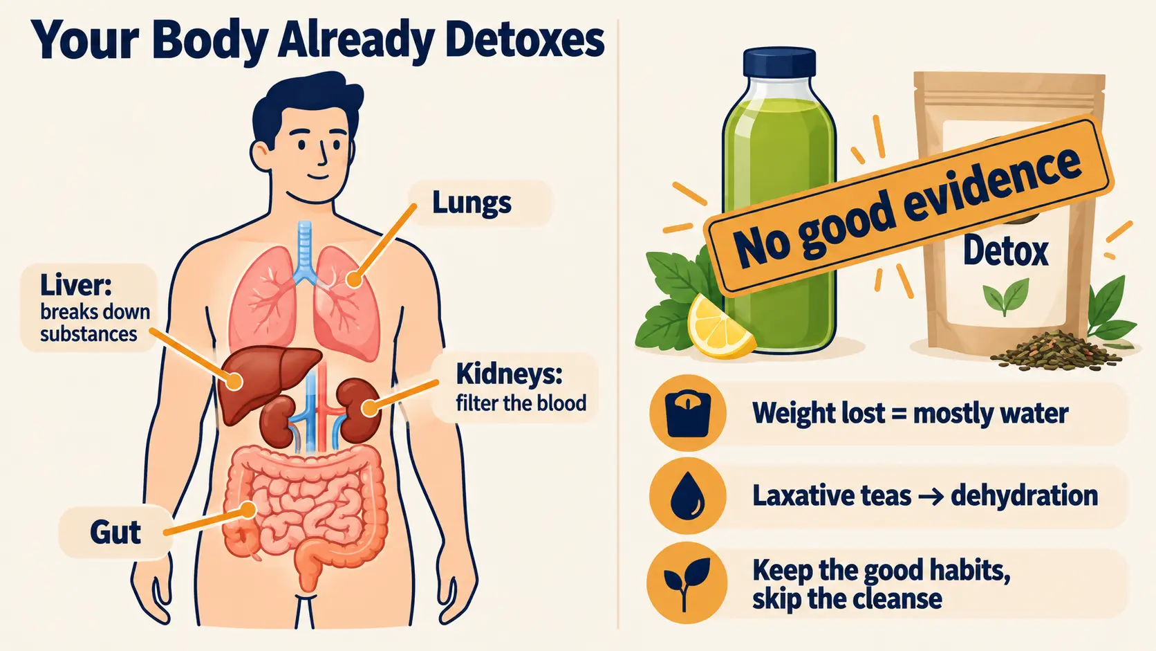 The liver, kidneys, lungs and gut already detox the body; detox products have no good evidence