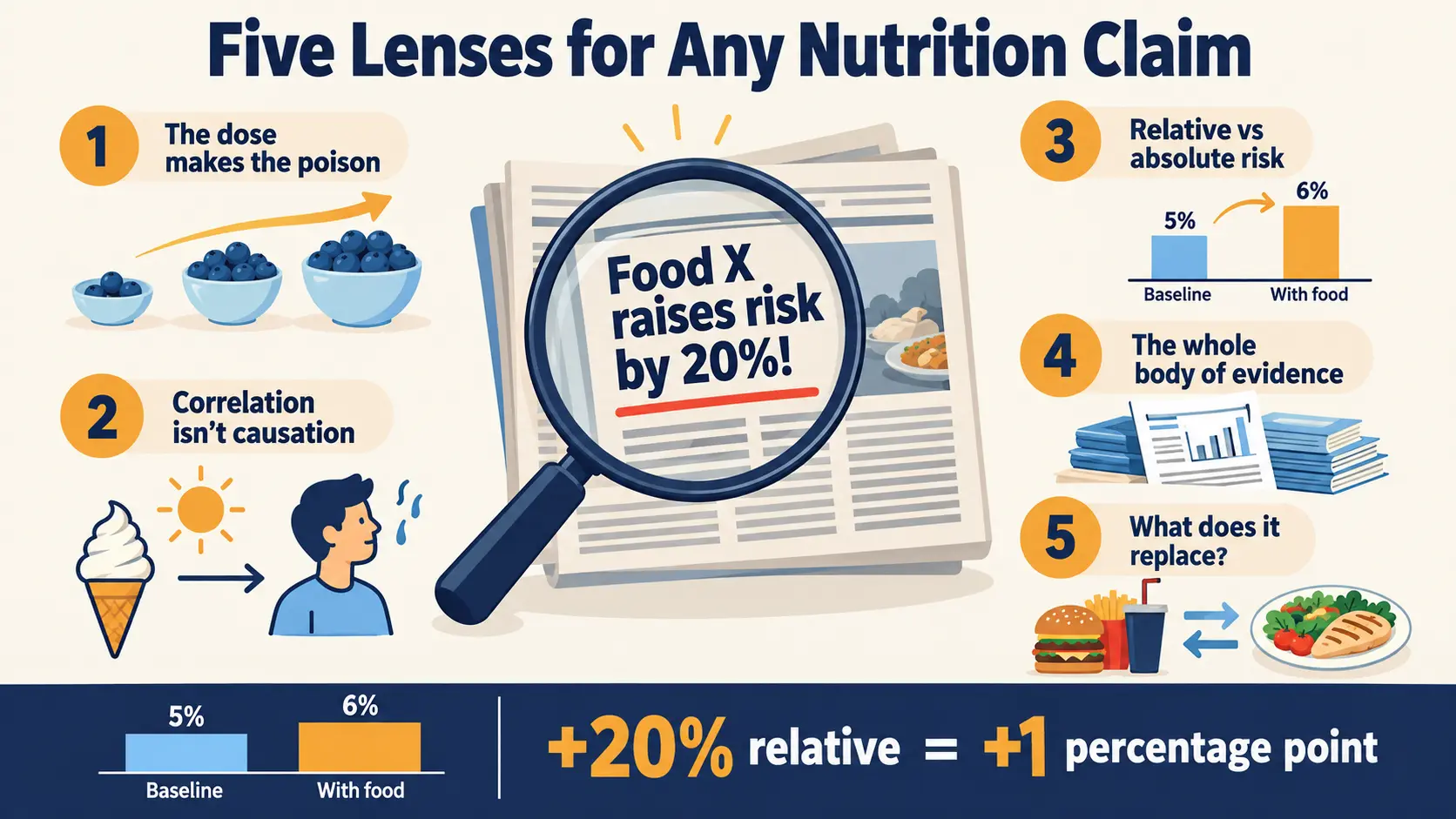 Five lenses for any nutrition claim, with a 20% relative risk rise shown as a 5% to 6% absolute change