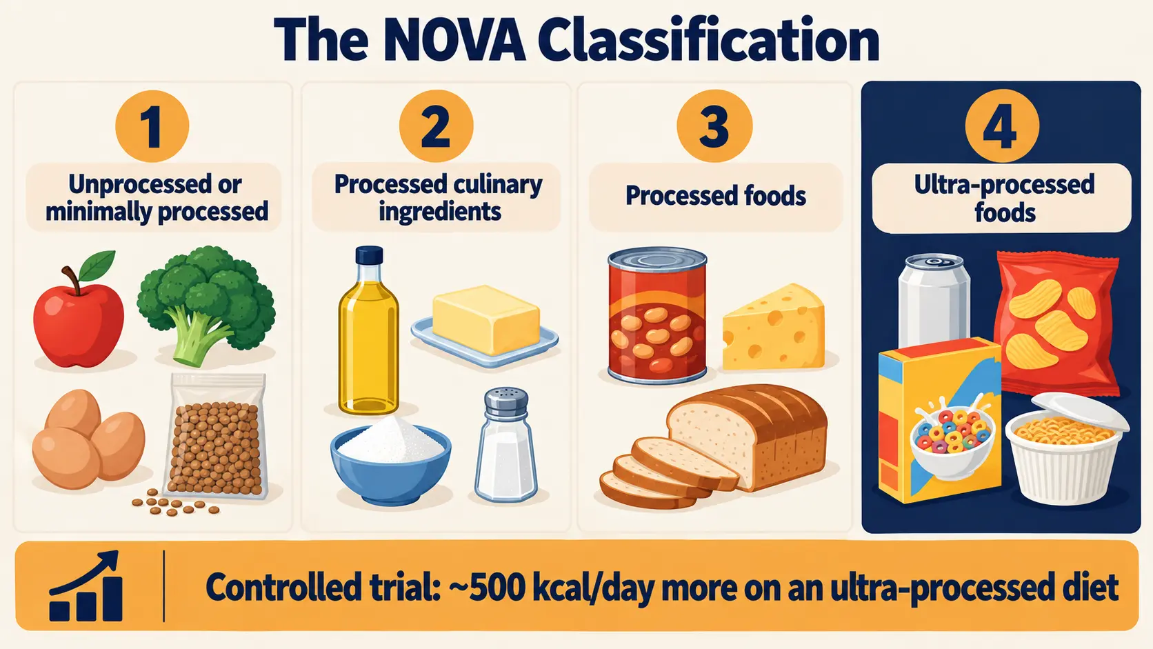 The four NOVA groups, from unprocessed foods to ultra-processed foods