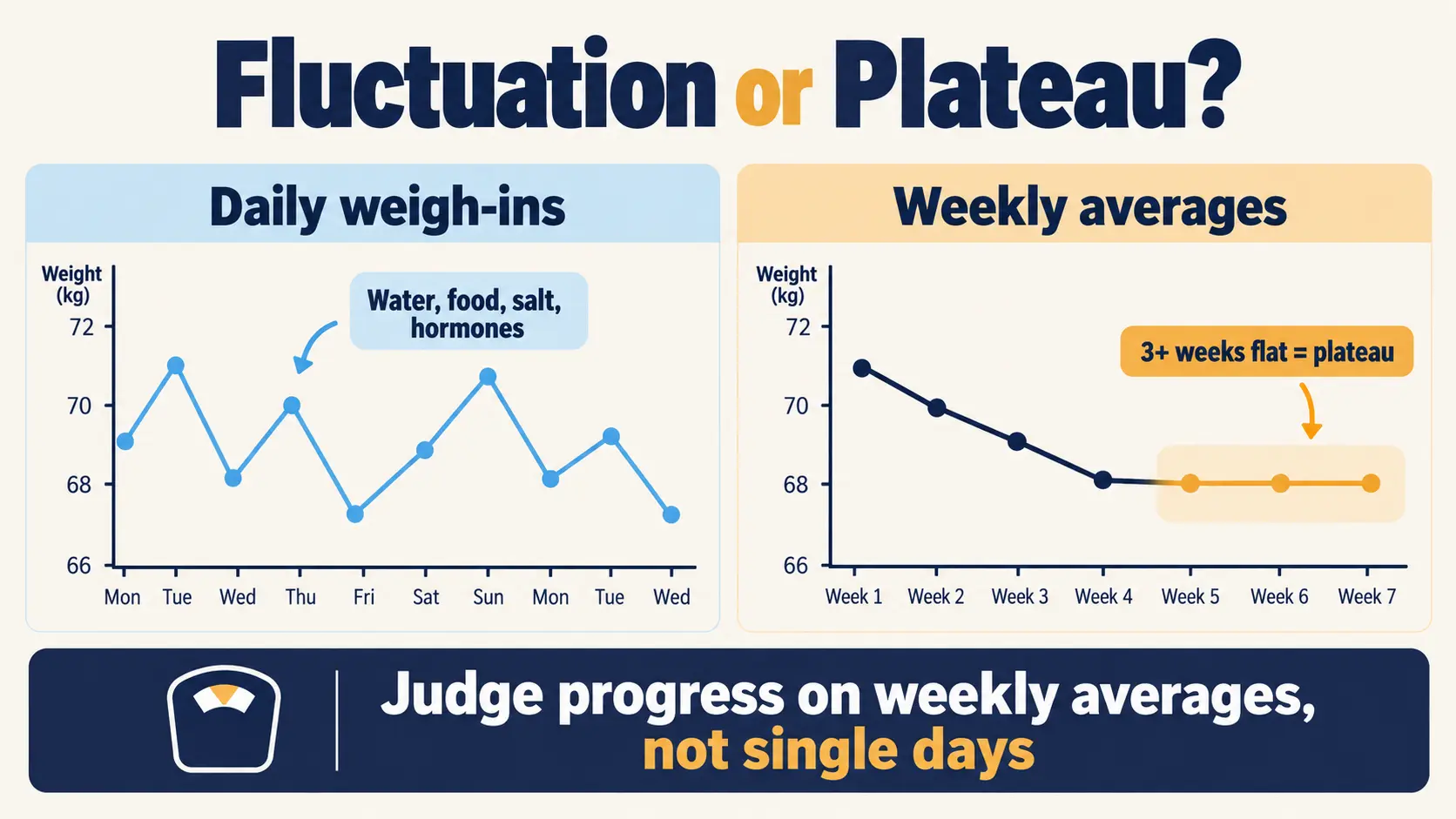 Daily weigh-ins zig-zag with water and food, while weekly averages show a true plateau of three flat weeks