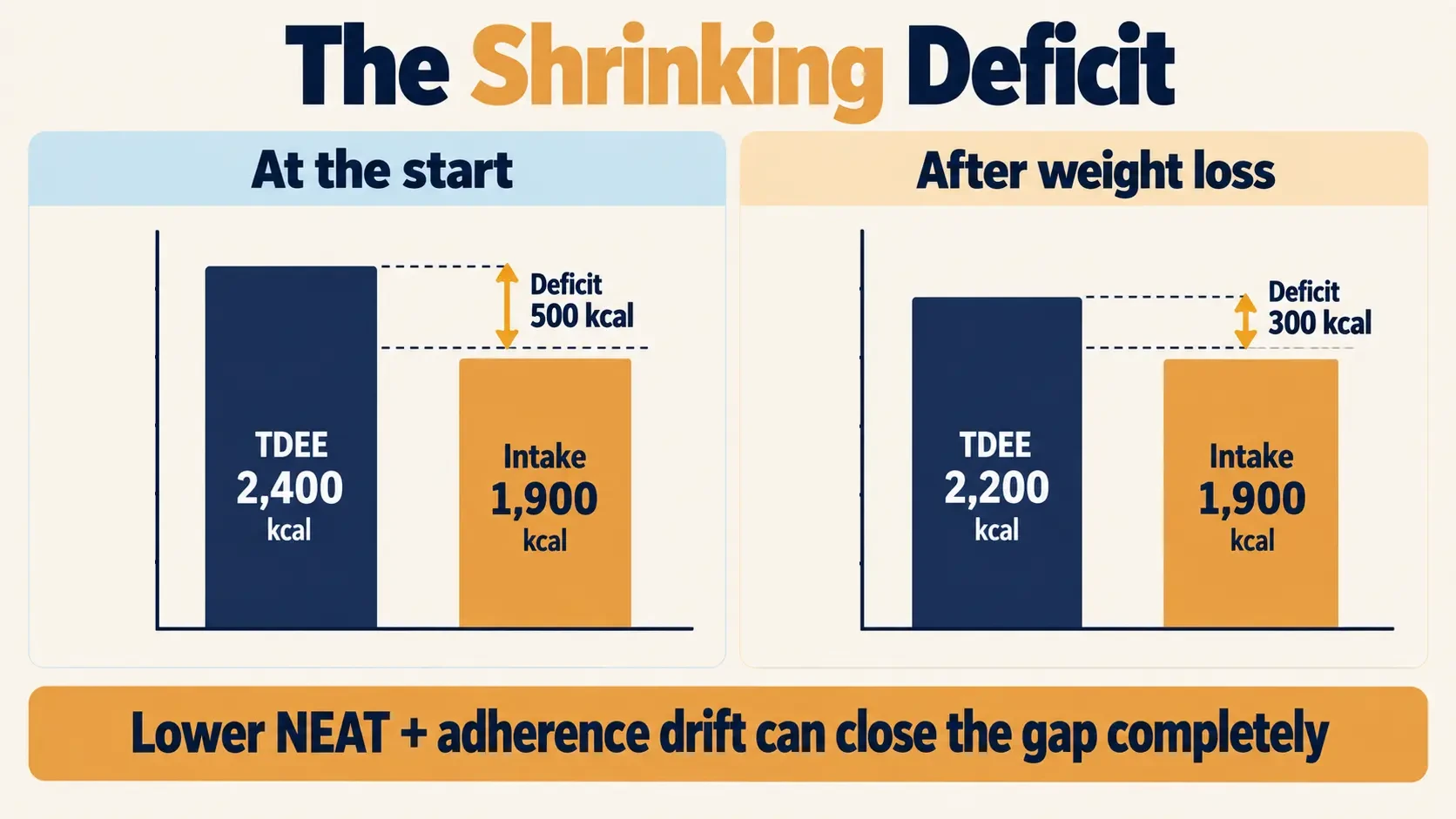 A 500 kcal deficit shrinks to 300 kcal as TDEE falls from 2,400 to 2,200 kcal while intake stays at 1,900 kcal