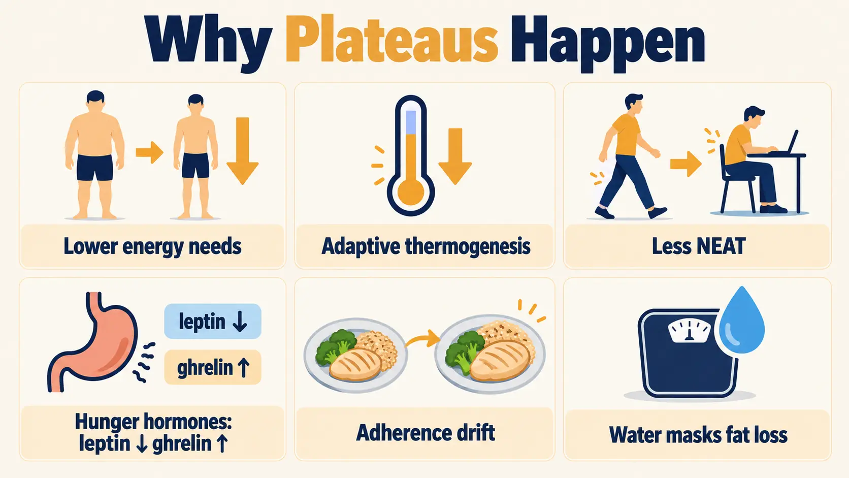 Six reasons plateaus happen: lower energy needs, adaptive thermogenesis, less NEAT, hunger hormones, adherence drift and water retention