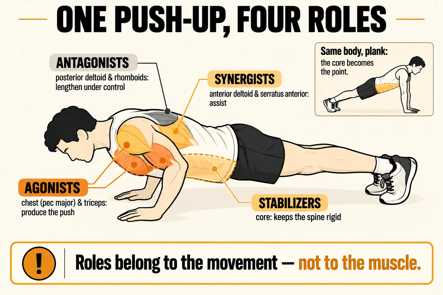 Side view of a push-up labelling four muscle roles: agonists, the chest and triceps, produce the push; antagonists, the posterior deltoid and rhomboids, lengthen under control; synergists, the anterior deltoid and serratus anterior, assist; and stabilizers, the core, keep the spine rigid, with an inset plank where the core becomes the point and the caption roles belong to the movement, not to the muscle