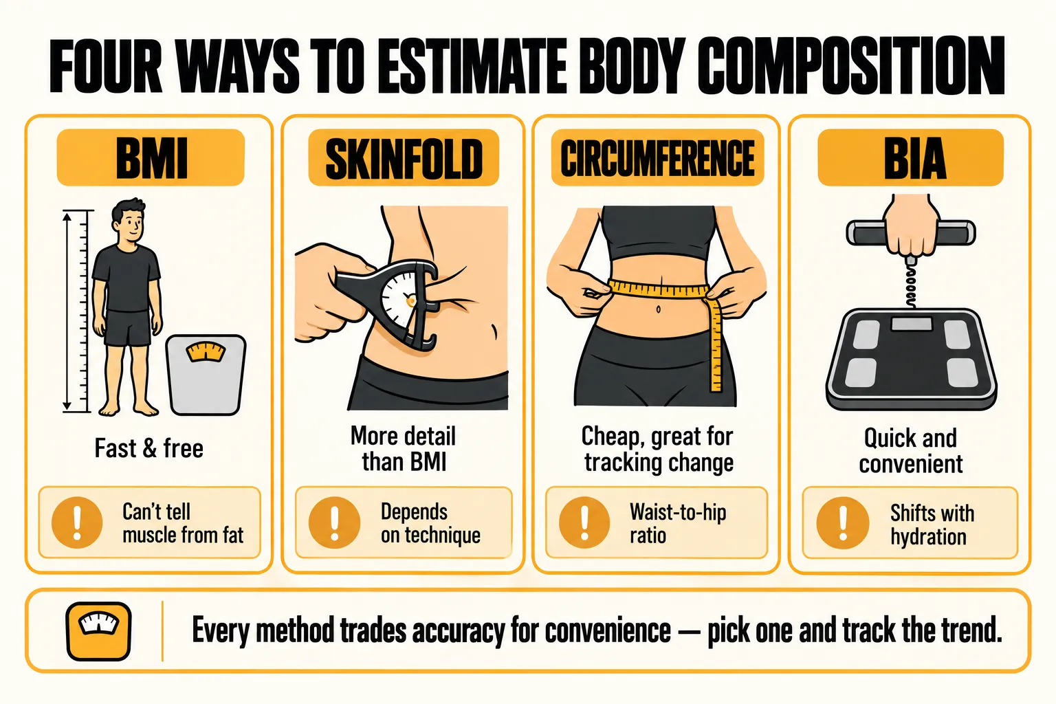 Four-card comparison of body composition methods: BMI is fast and free but can't tell muscle from fat, skinfold gives more detail but depends on technique, circumference is cheap and good for tracking change such as waist-to-hip ratio, and bioelectrical impedance is quick but shifts with hydration