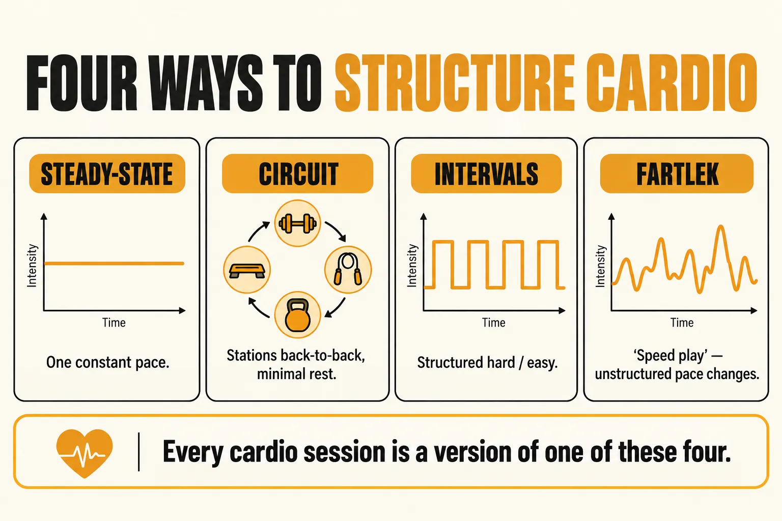 Four cardio structures shown as intensity-over-time graphs: steady-state at one constant pace, circuit training as stations back-to-back with minimal rest, intervals as structured hard and easy blocks, and fartlek as unstructured speed play with varied pace changes