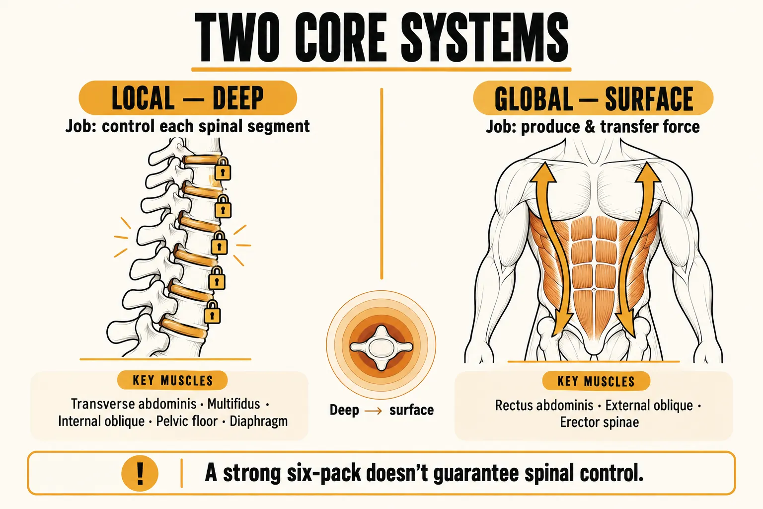 Comparison of the two core systems: the deep local system controls each spinal segment through the transverse abdominis, multifidus, internal oblique, pelvic floor and diaphragm, and the surface global system produces and transfers force through the rectus abdominis, external oblique and erector spinae, with the caption a strong six-pack doesn't guarantee spinal control