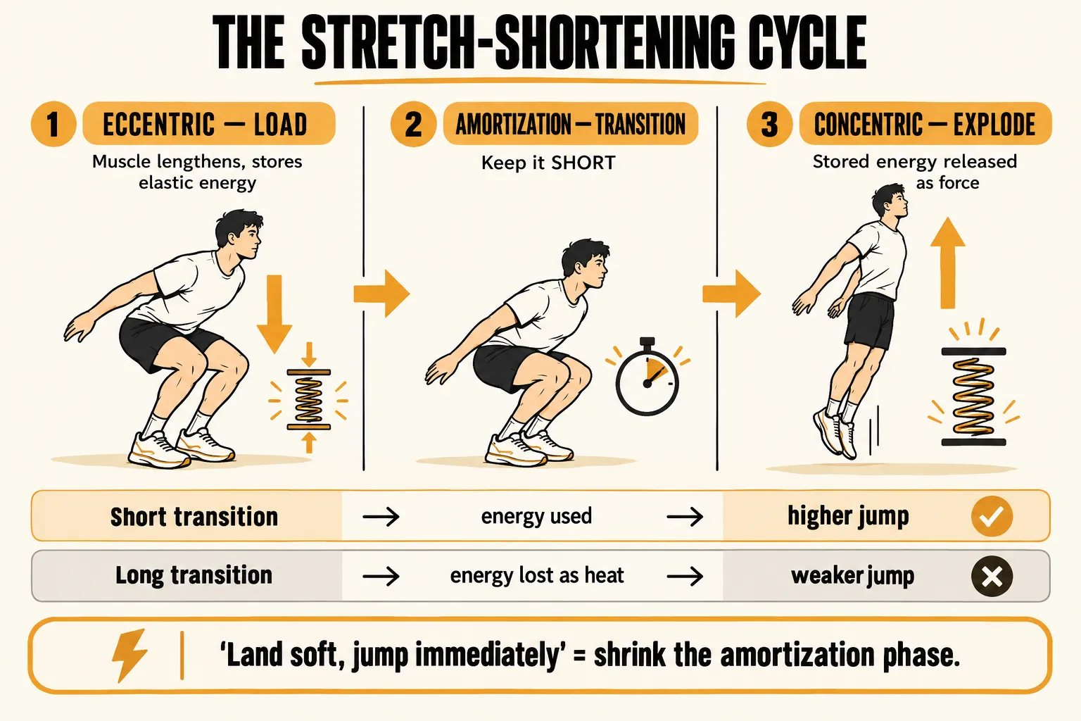 The stretch-shortening cycle in a countermovement jump: the eccentric loading phase stores elastic energy, the amortization transition should be kept short, and the concentric phase releases the stored energy as force; a short transition gives a higher jump while a long one loses energy as heat