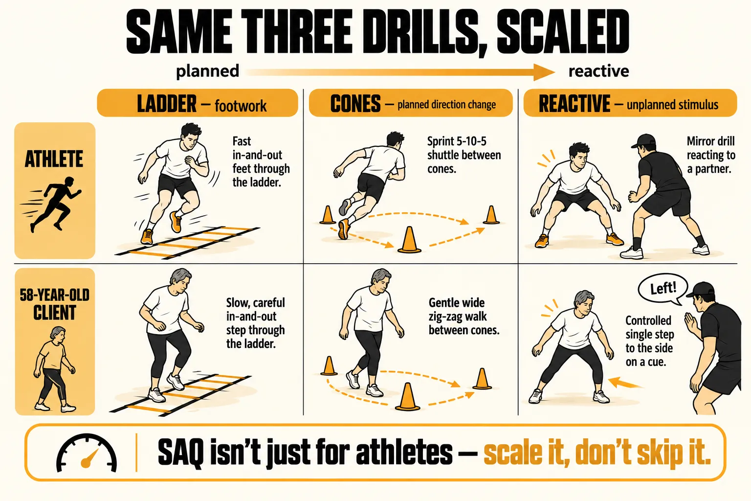Grid comparing the same three SAQ drill types for an athlete and a 58-year-old client, from planned to reactive: fast ladder footwork versus a slow careful ladder step, a sprinted 5-10-5 cone shuttle versus a gentle zig-zag walk, and a partner mirror drill versus a controlled step on a trainer's call, with the caption SAQ isn't just for athletes, scale it, don't skip it