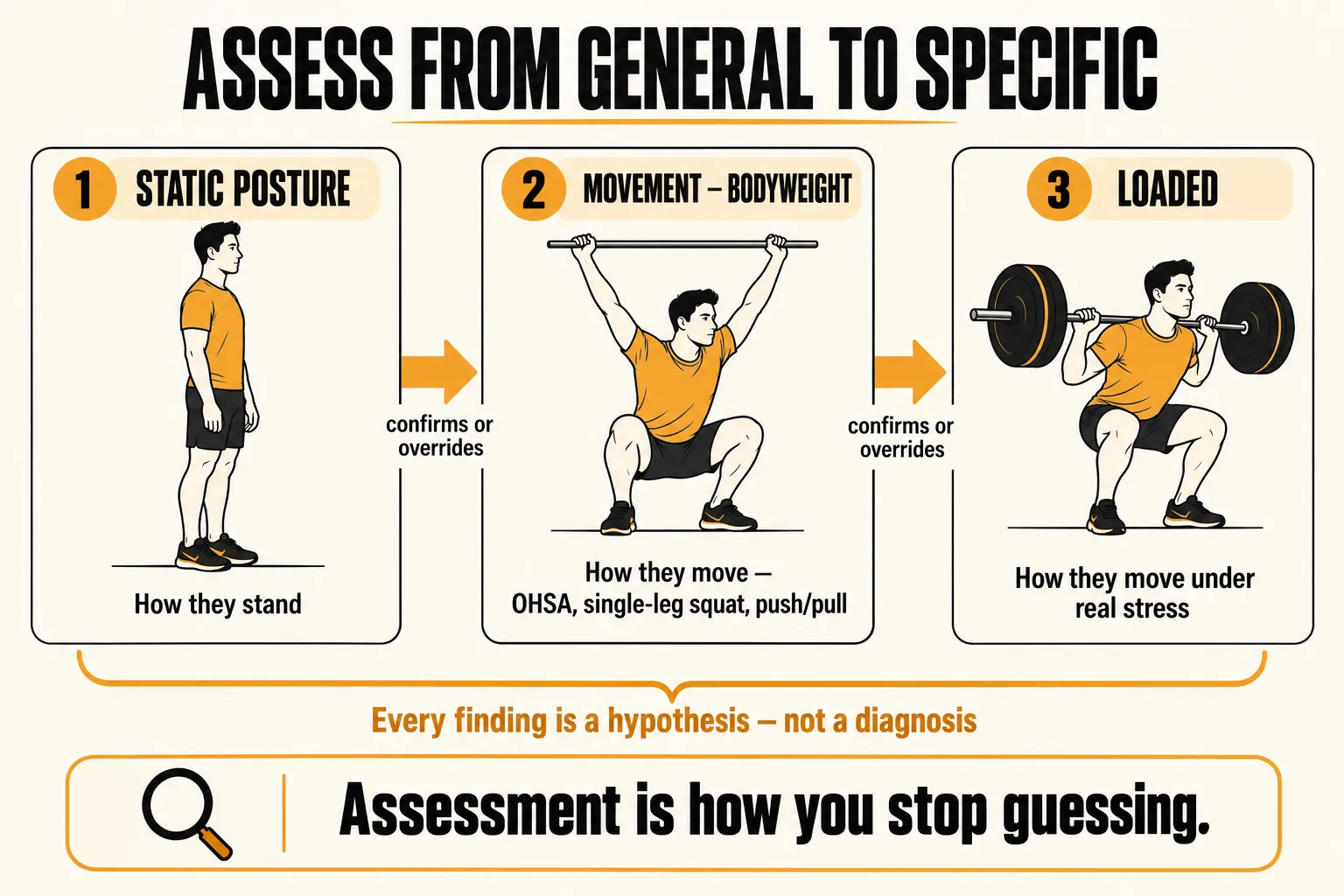 Three assessment layers from general to specific: static posture for how a client stands, bodyweight movement assessments such as the overhead squat, single-leg squat and push and pull for how they move, and loaded assessments for how they move under real stress, with every finding treated as a hypothesis, not a diagnosis