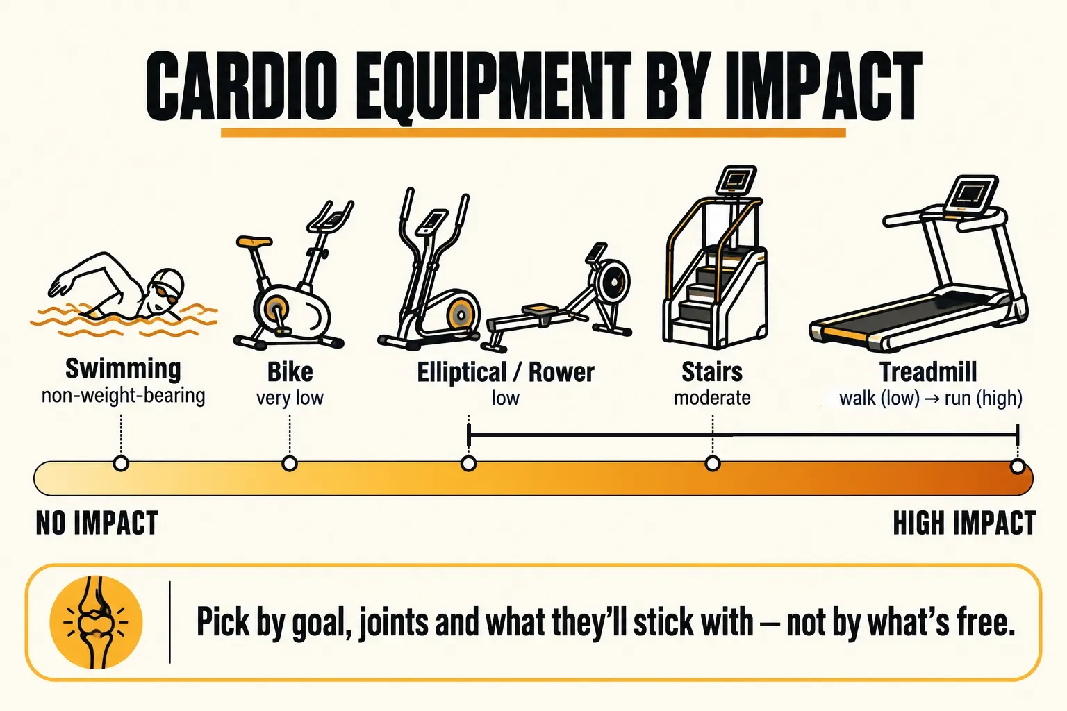 Cardio equipment arranged by impact from none to high: swimming is non-weight-bearing, the bike is very low, the elliptical and rower are low, the stair climber is moderate, and the treadmill ranges from low for walking to high for running