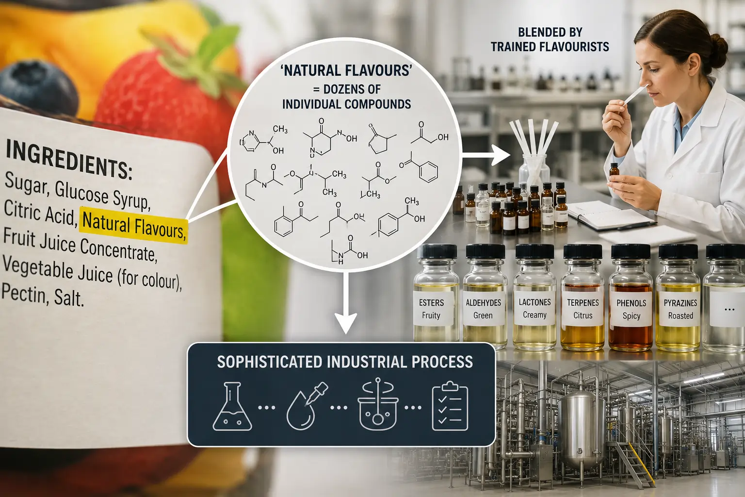Close-up of food ingredients and flavouring compounds — representing the chemical complexity behind the simple 'natural flavours' label entry