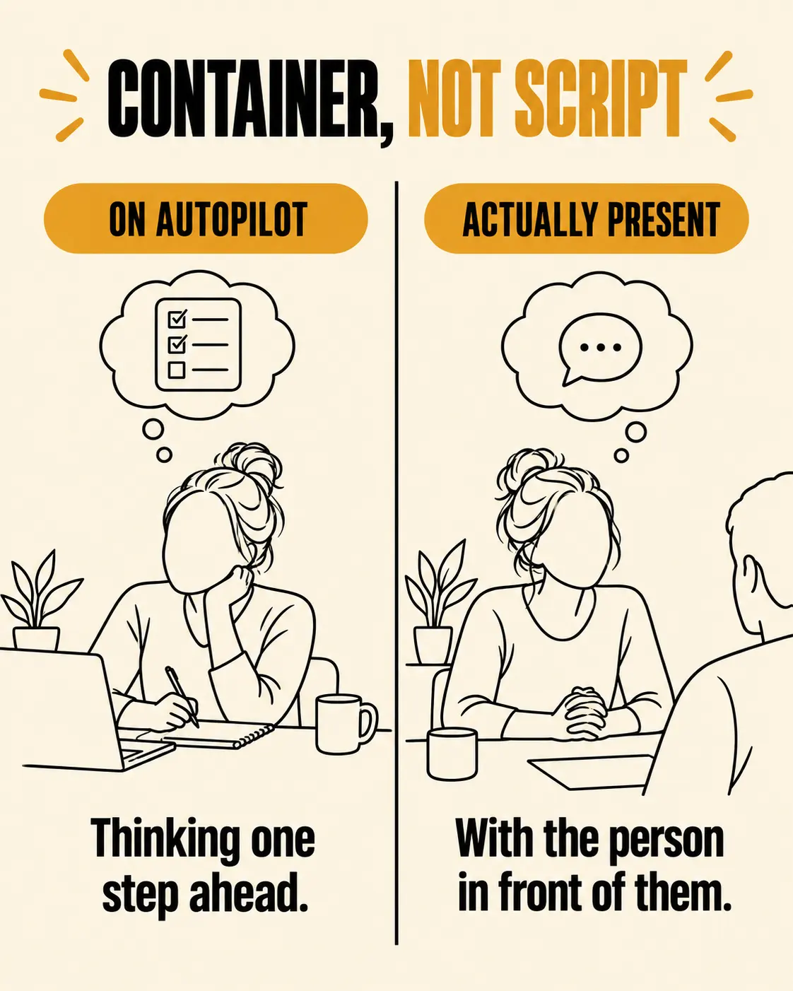 A coach running a follow-up session on autopilot vs. one actually present with the client