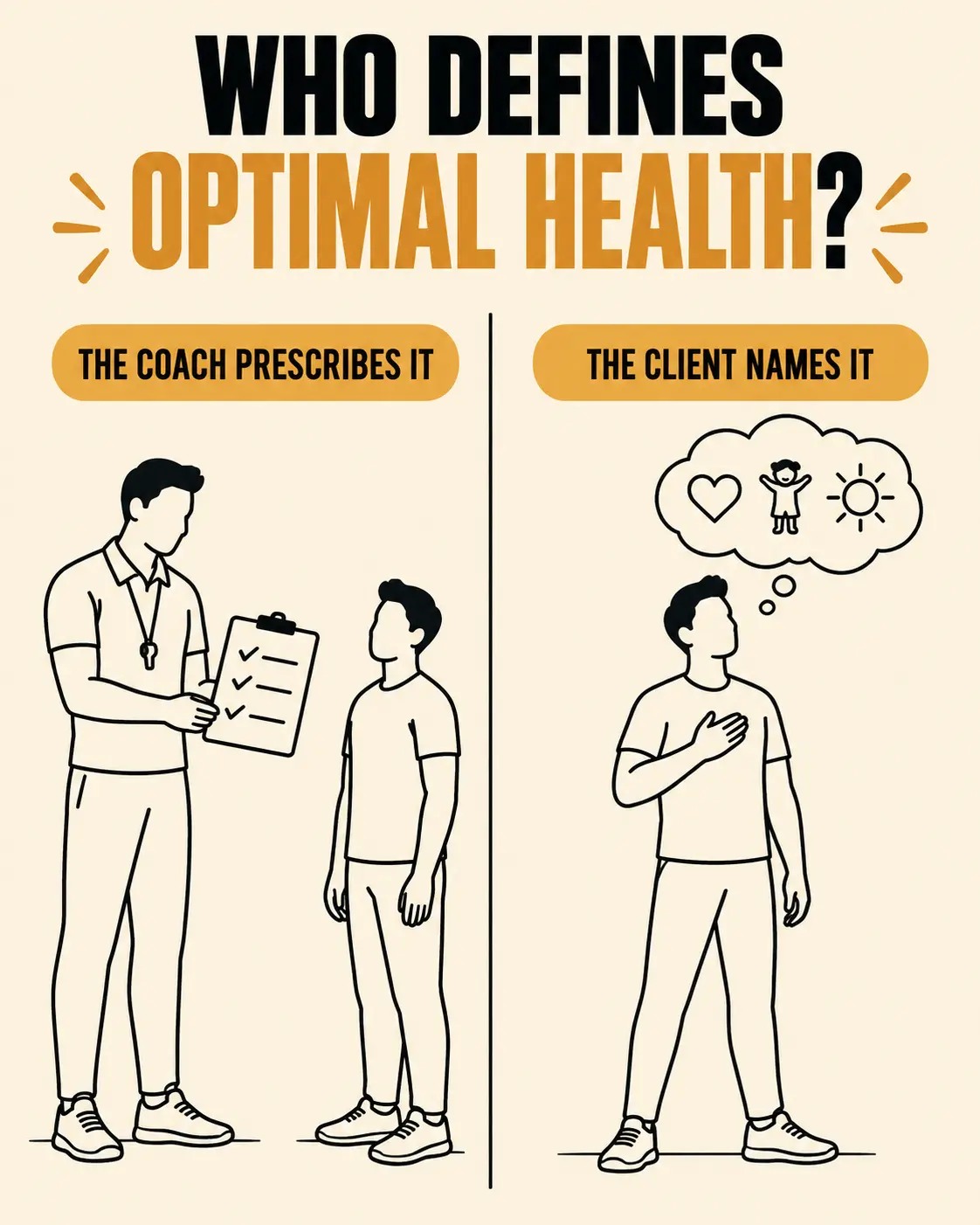A coach prescribing their own definition of optimal health vs. a client naming their own vision drawn from their own values