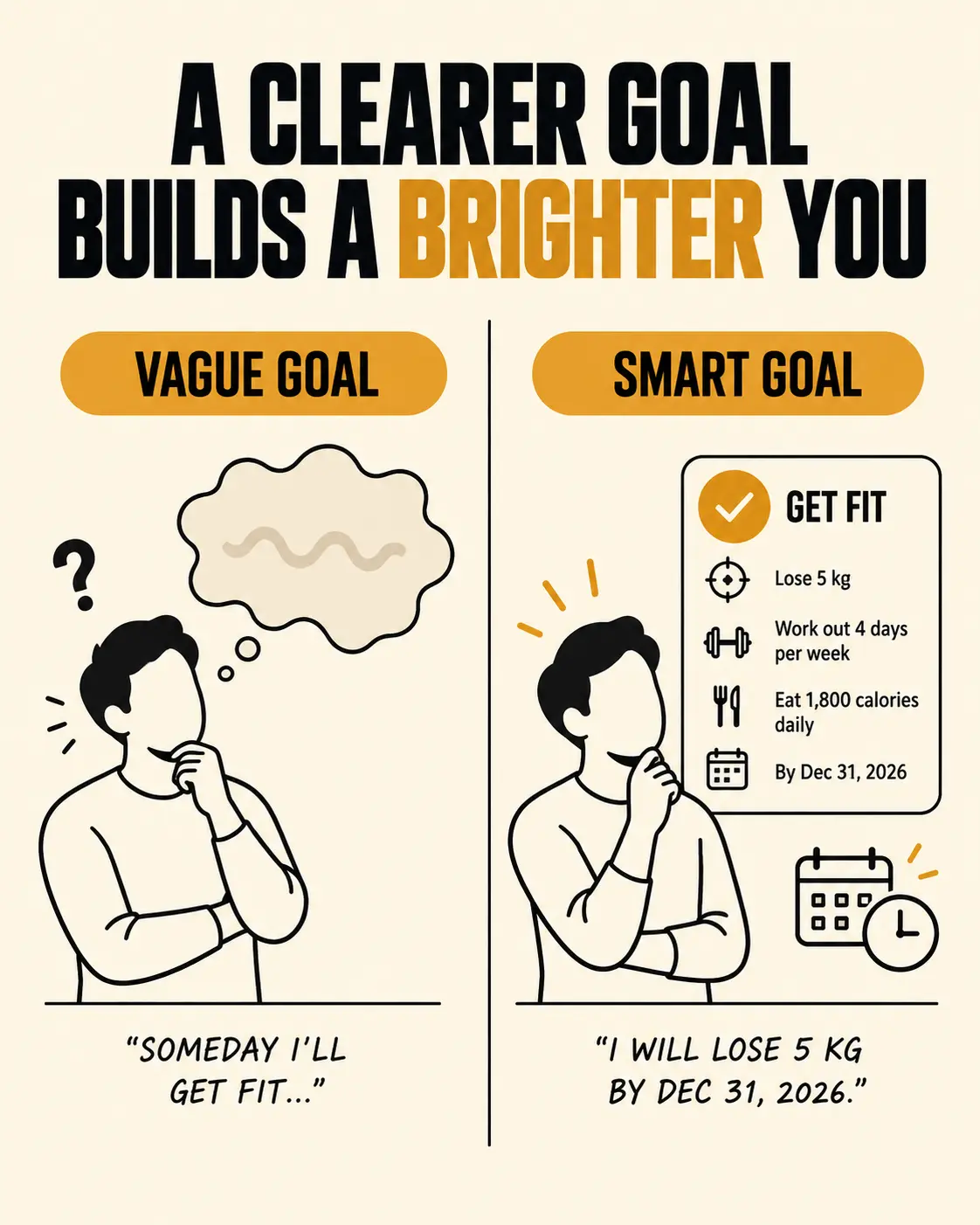 A vague, unmeasurable goal vs. a specific, realistic, timebound goal
