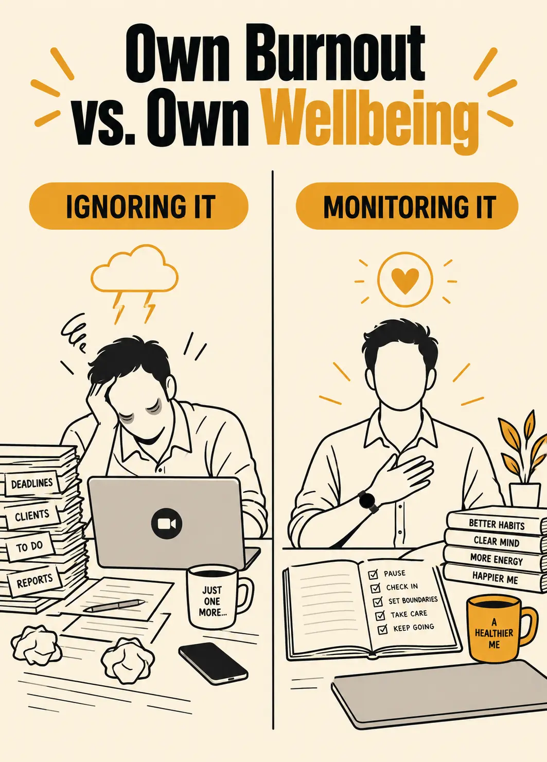 A coach ignoring their own burnout vs. a coach monitoring their own wellbeing and seeking support