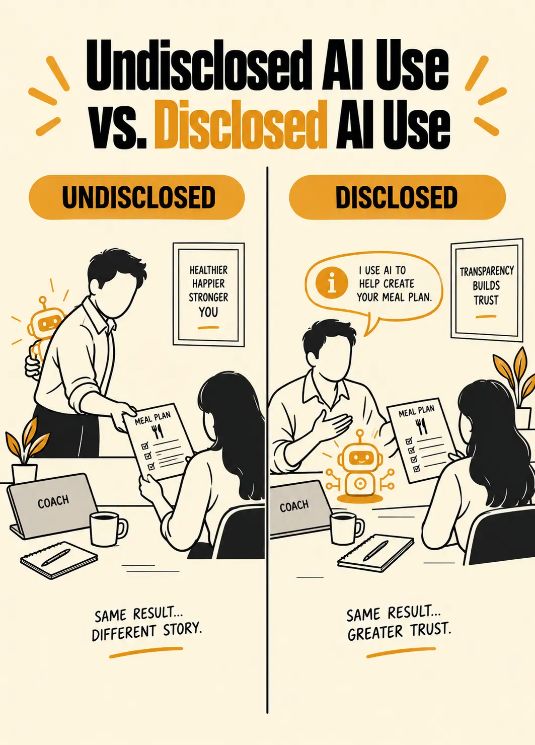 A coach silently presenting AI-generated material as their own vs. a coach disclosing that AI helped generate it