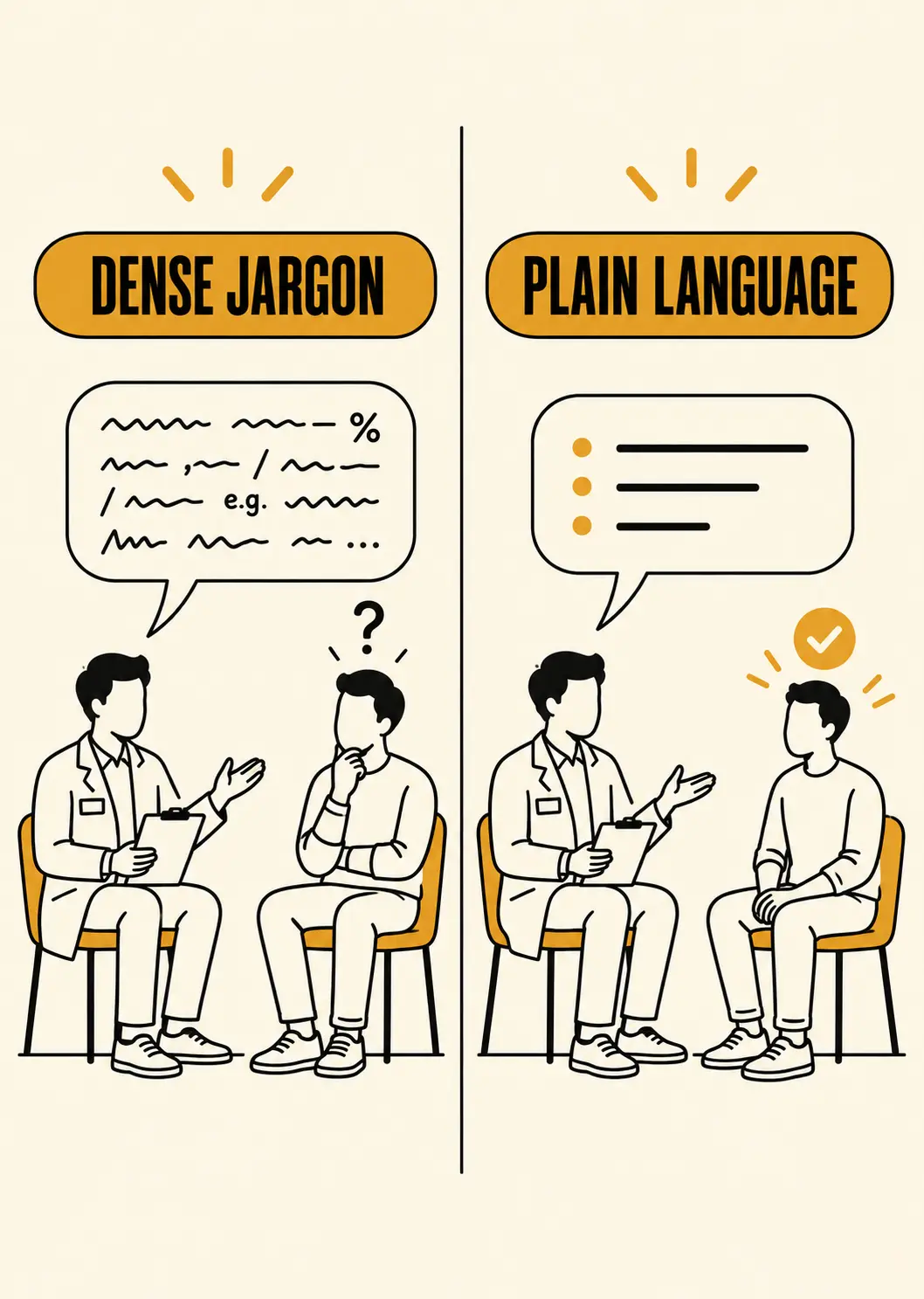 A coach explaining health information in dense clinical jargon a client can't use vs. a coach checking understanding and explaining the same information in plain, confirmable language
