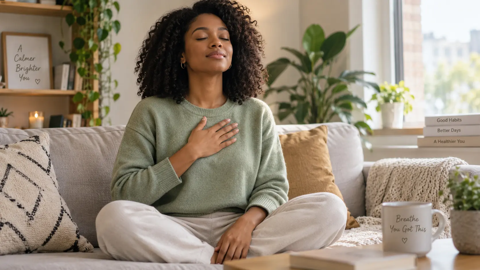 A woman in her late 20s with curly brown hair, wearing a soft grey sweater, sitting on a sofa with one hand resting on her chest and eyes closed, taking a slow calming breath