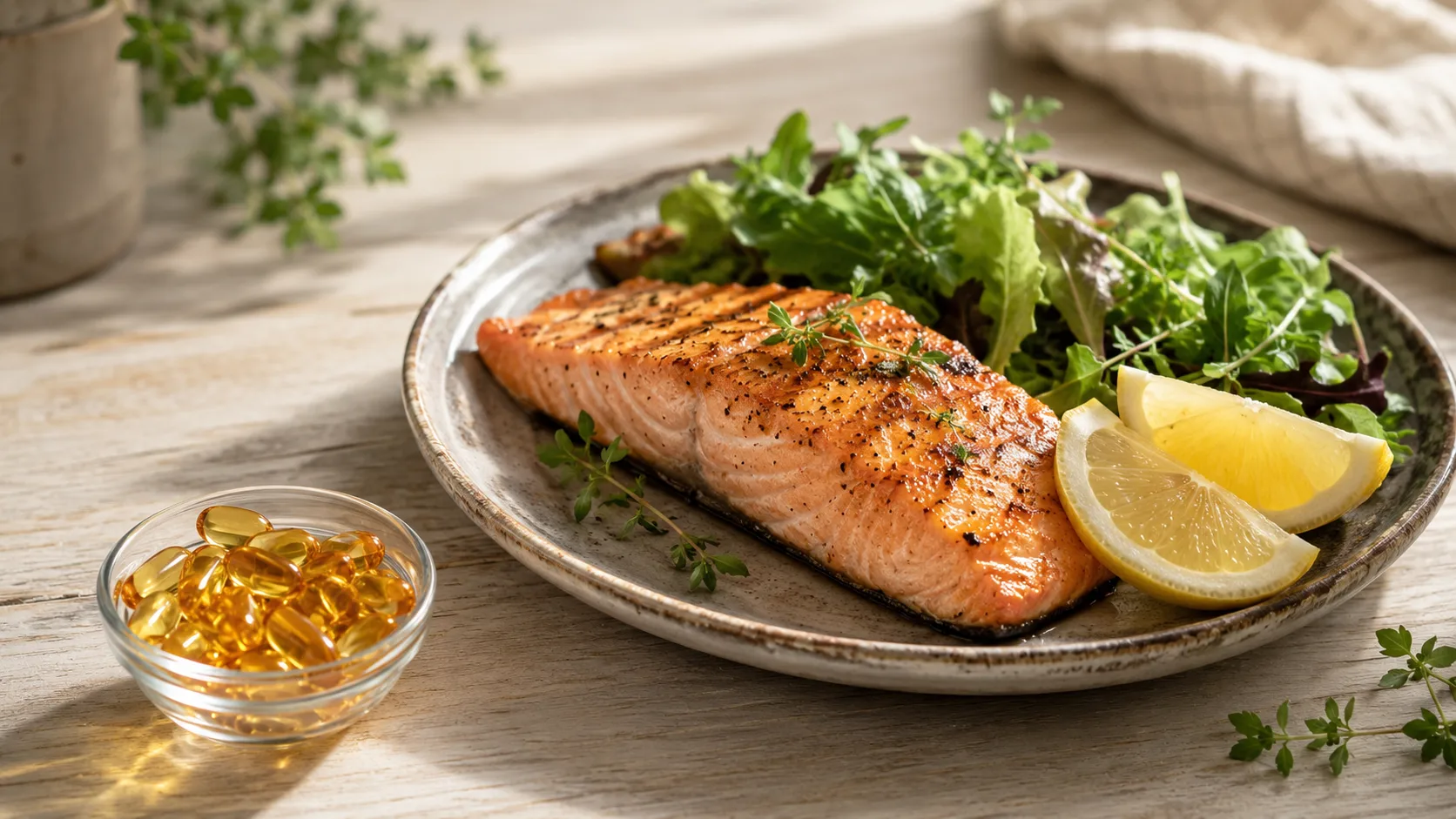 A plate of grilled salmon fillet with lemon and greens next to a small glass bowl of fish oil softgel capsules on a wooden table