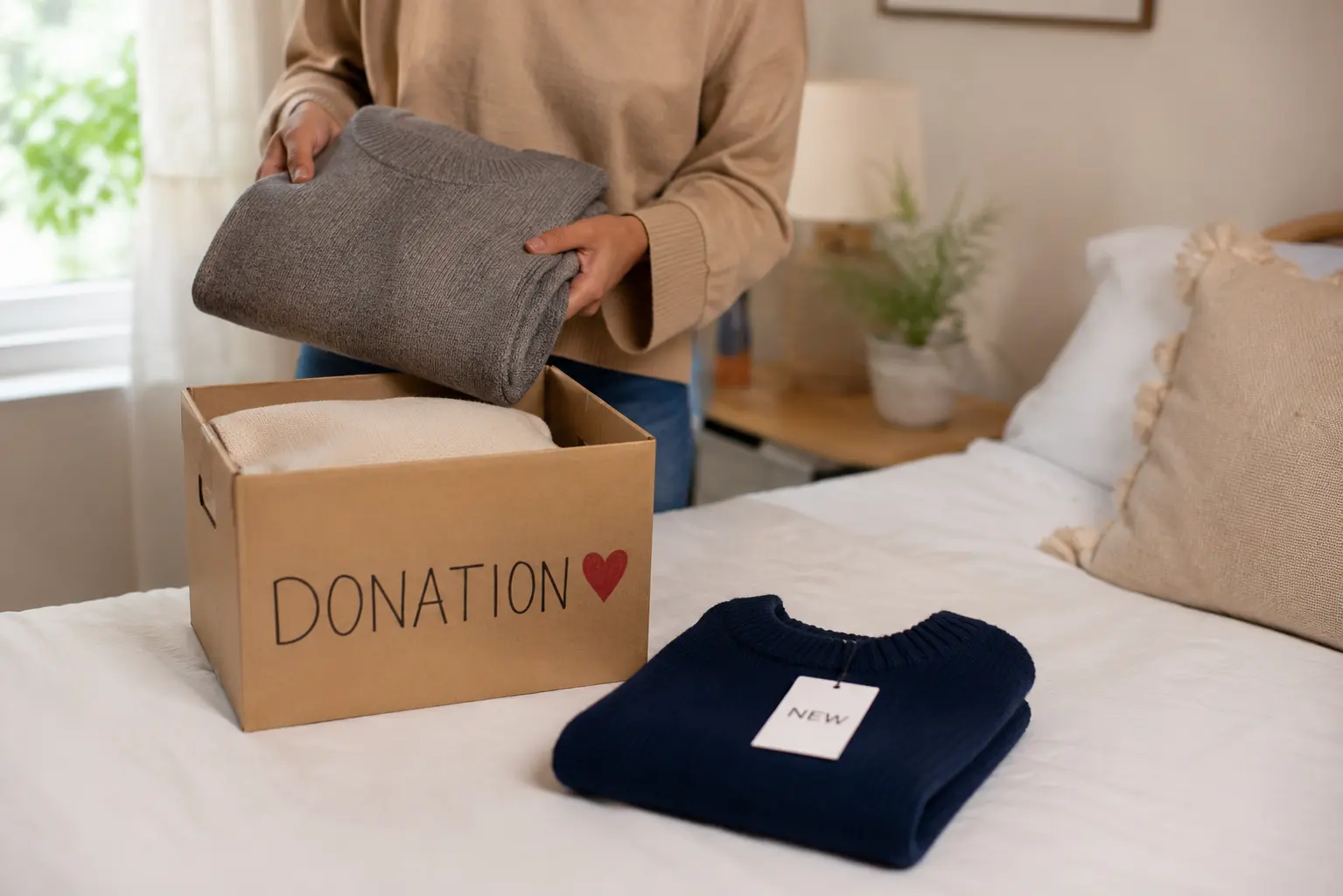 A person placing a folded sweater into a donation box beside a single new sweater, in a tidy minimal bedroom