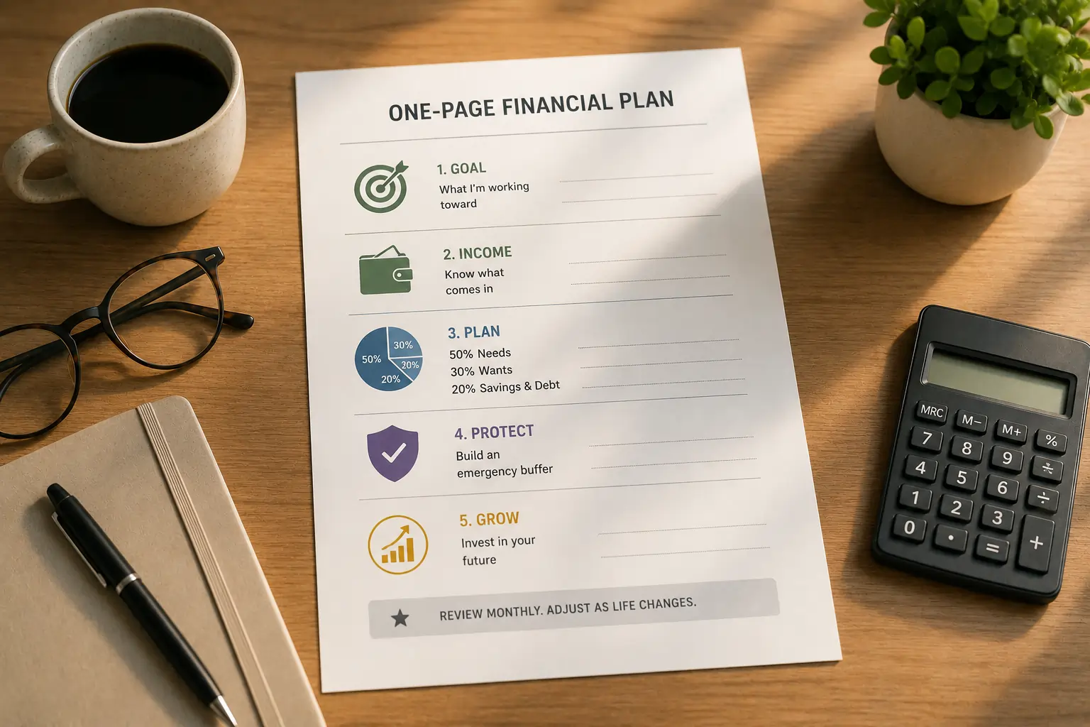 Person writing a financial plan in a notebook on a clean desk