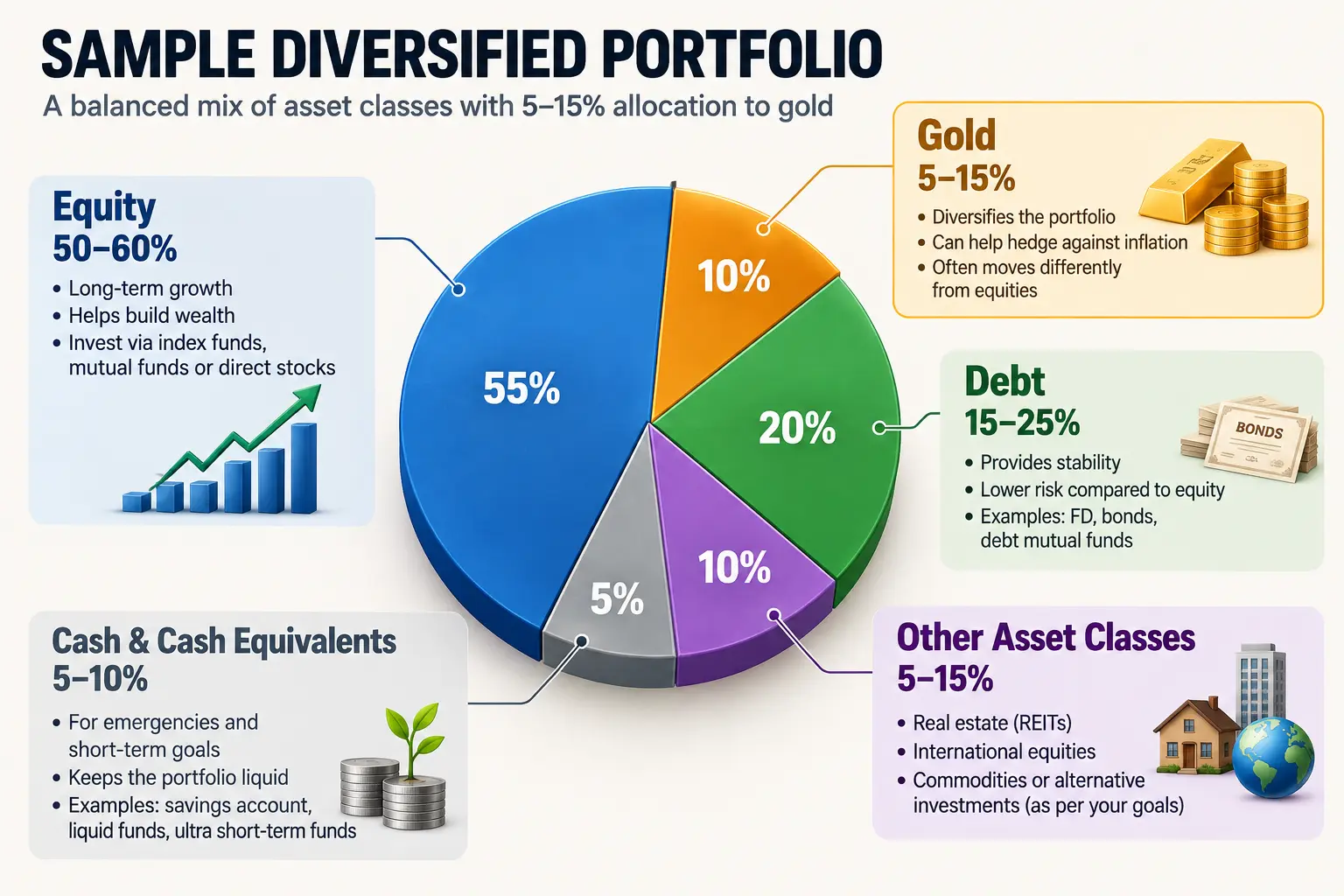A pie chart diagram showing a sample diversified portfolio allocation with a small 5-15% gold slice alongside equity, debt, and other asset classes
