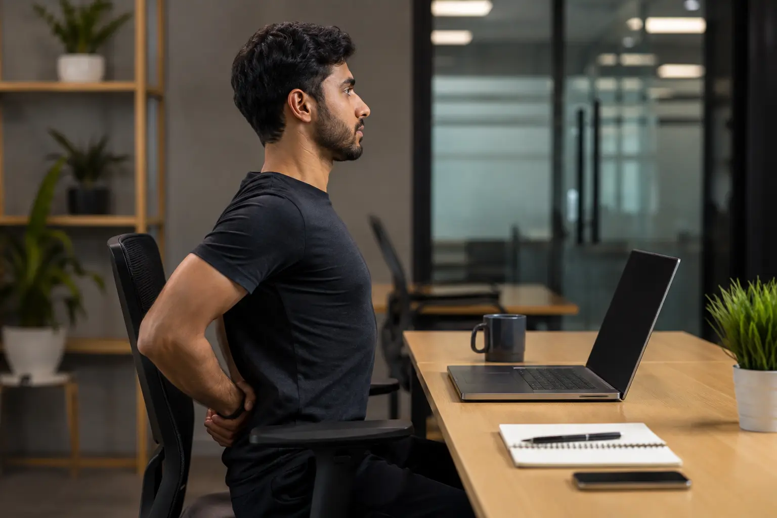 A person at a desk pausing mid-work to perform a shoulder blade retraction posture exercise, sitting upright at a laptop