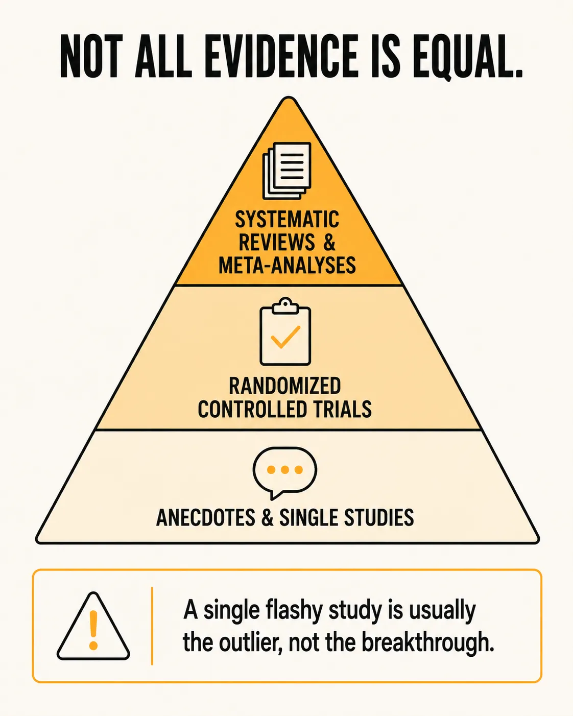 Pyramid diagram of evidence quality with anecdotes and single studies at the base, randomized controlled trials in the middle, and systematic reviews and meta-analyses at the top, with the caption a single flashy study is usually the outlier, not the breakthrough