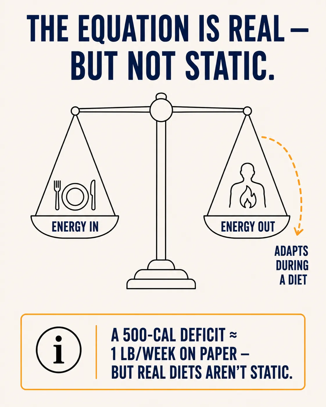 Balance scale showing energy in versus energy out, with energy out adapting during a diet, captioned that a 500-calorie deficit is roughly 1 pound per week on paper but real diets aren't static.